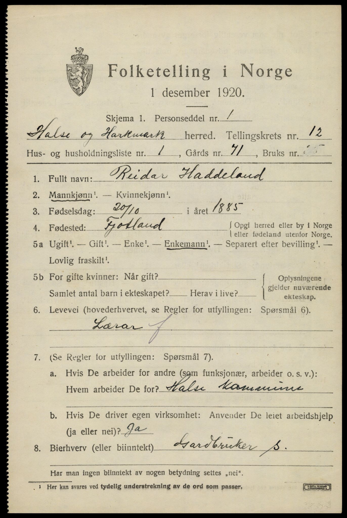 SAK, 1920 census for Halse og Harkmark, 1920, p. 6587