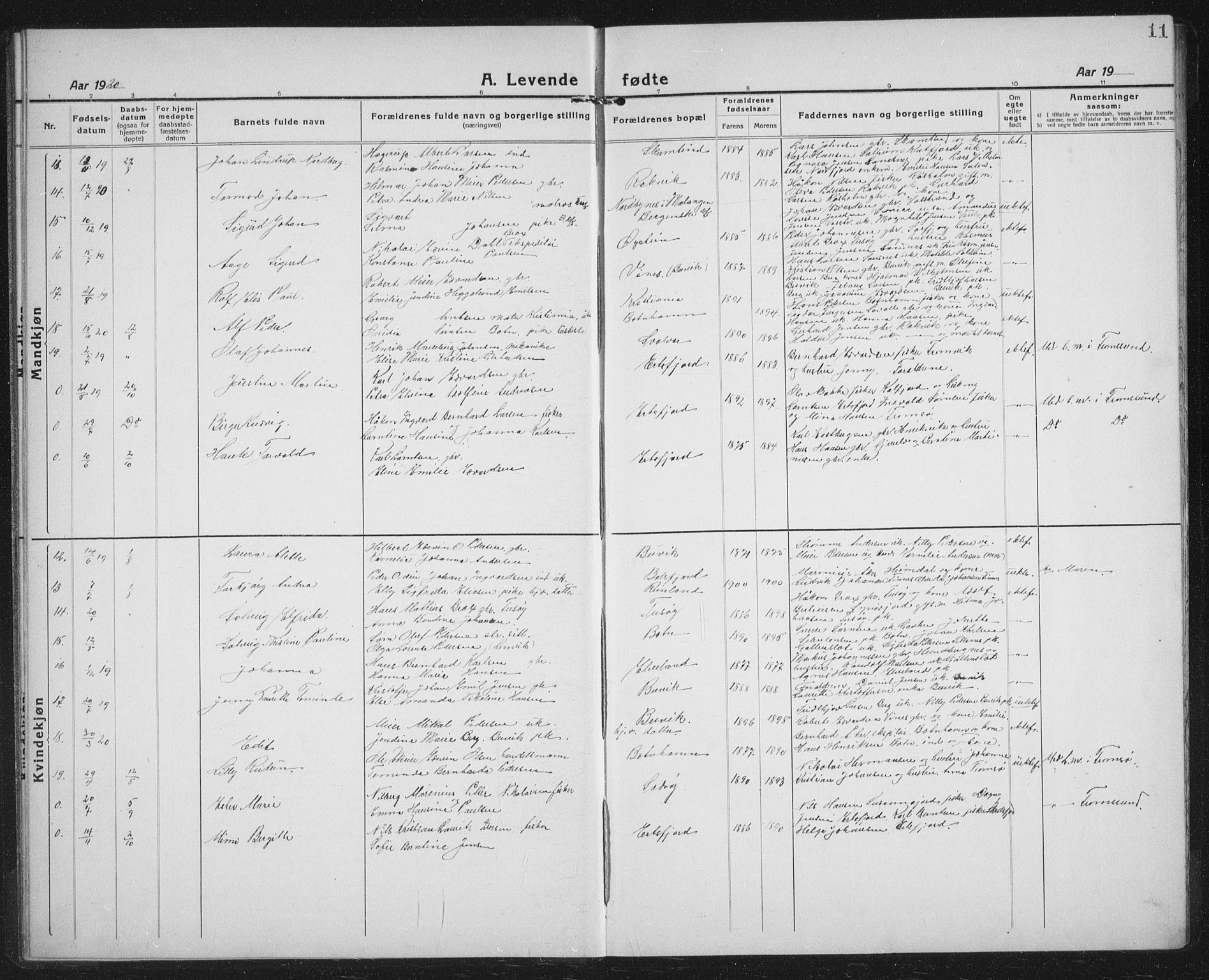 Lenvik sokneprestembete, SATØ/S-1310/H/Ha/Hab/L0023klokker: Parish register (copy) no. 23, 1918-1936, p. 11