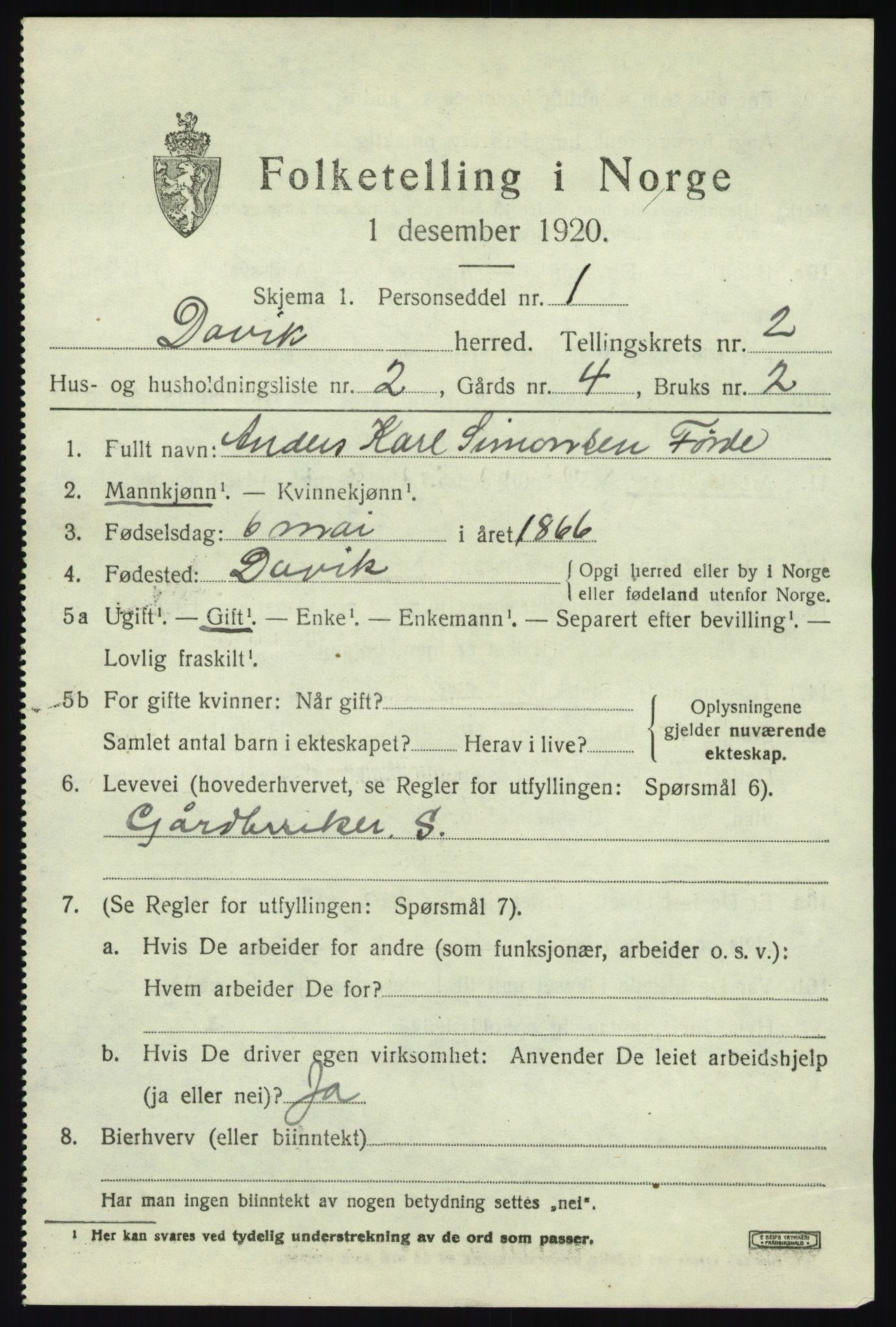 SAB, 1920 census for Davik, 1920, p. 1275