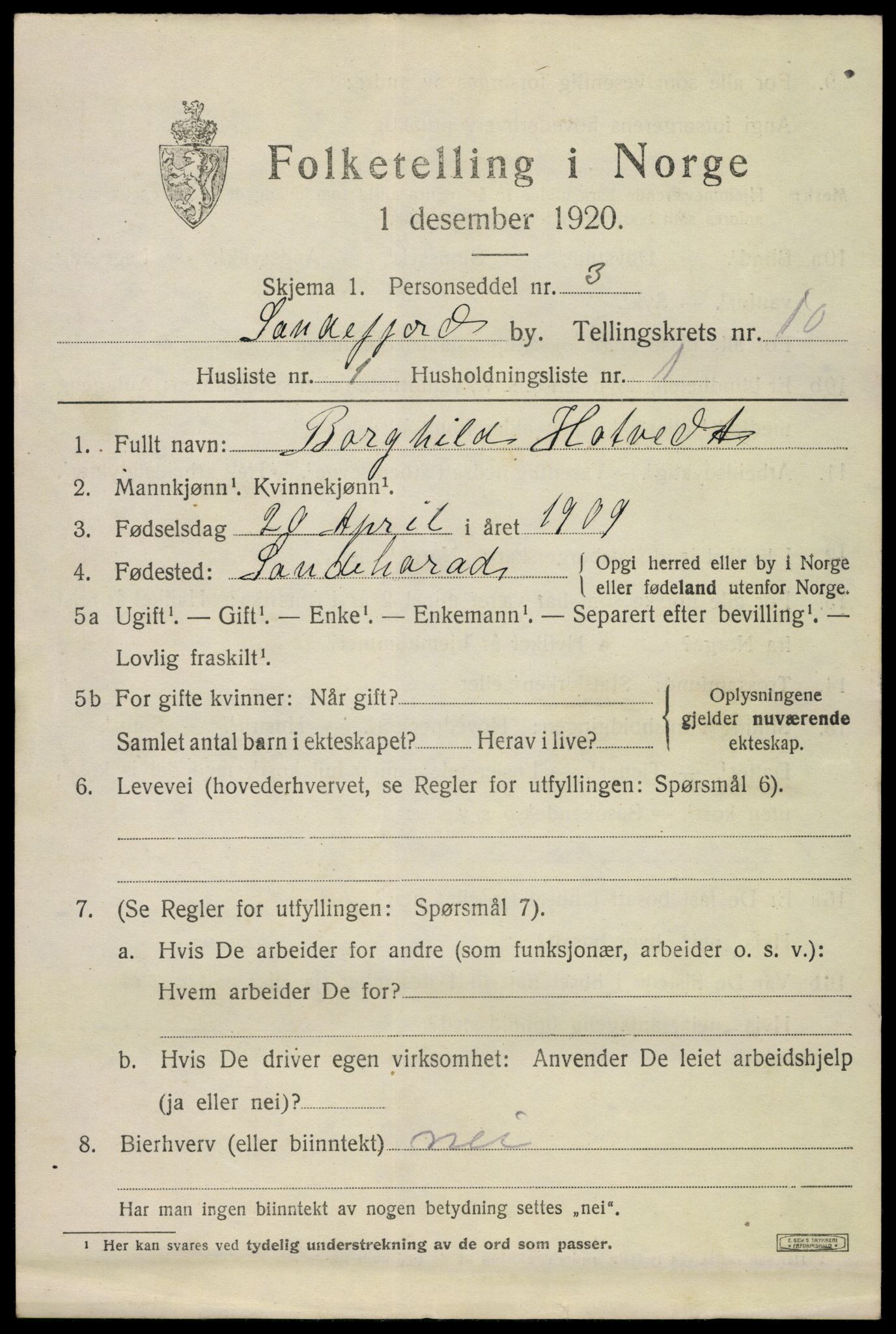 SAKO, 1920 census for Sandefjord, 1920, p. 14060