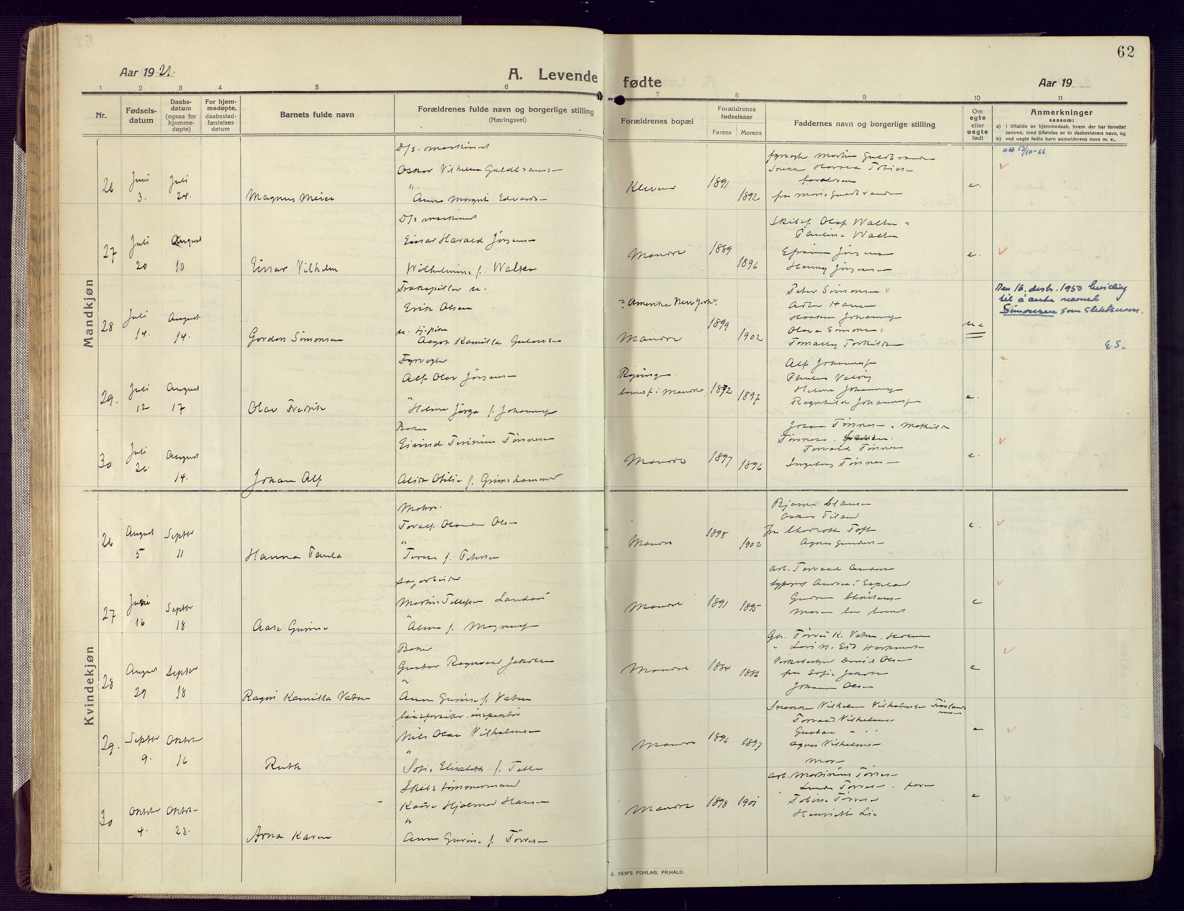 Mandal sokneprestkontor, AV/SAK-1111-0030/F/Fa/Fac/L0001: Parish register (official) no. A 1, 1913-1925, p. 62