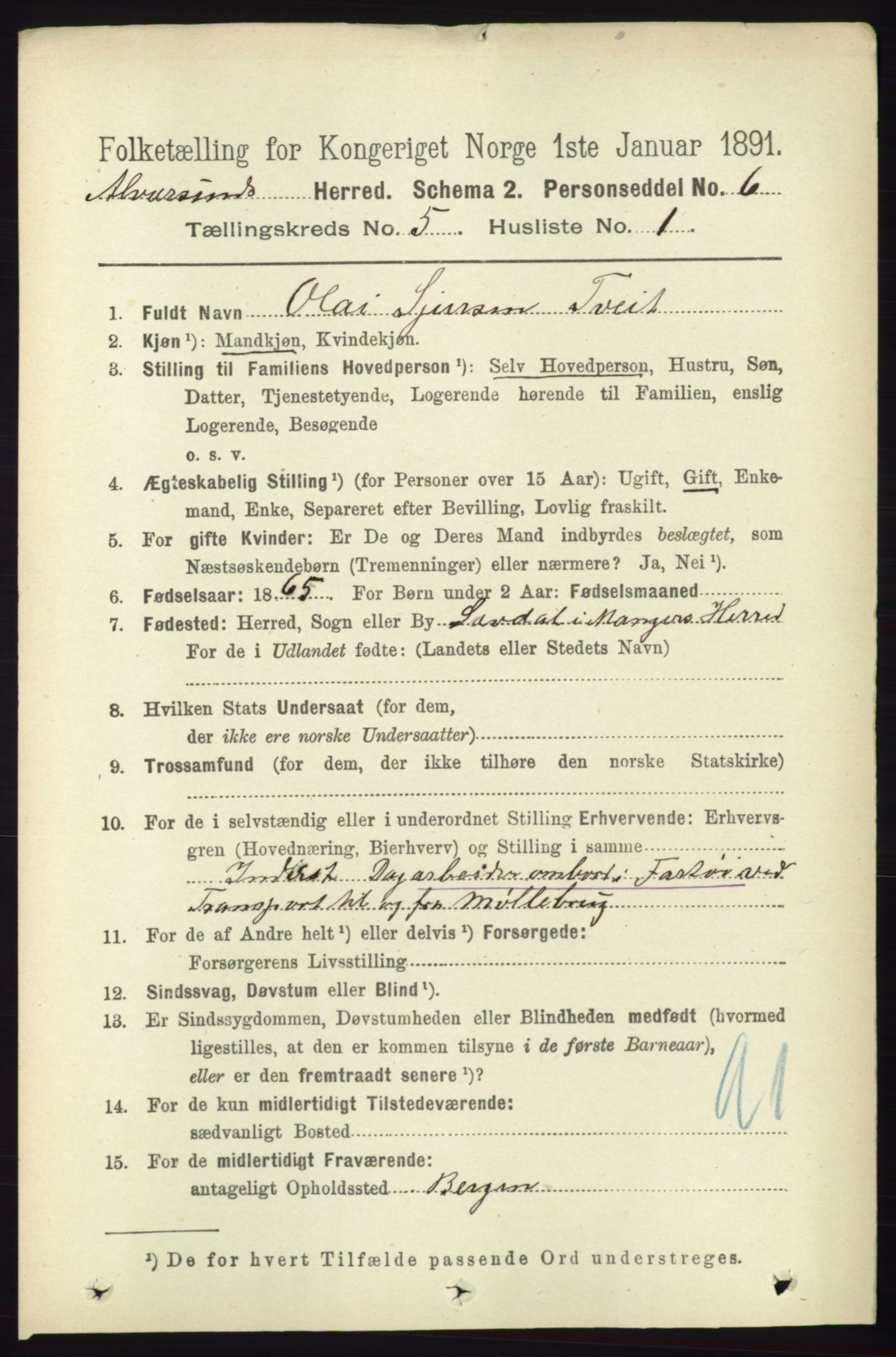 RA, 1891 census for 1257 Alversund, 1891, p. 1798