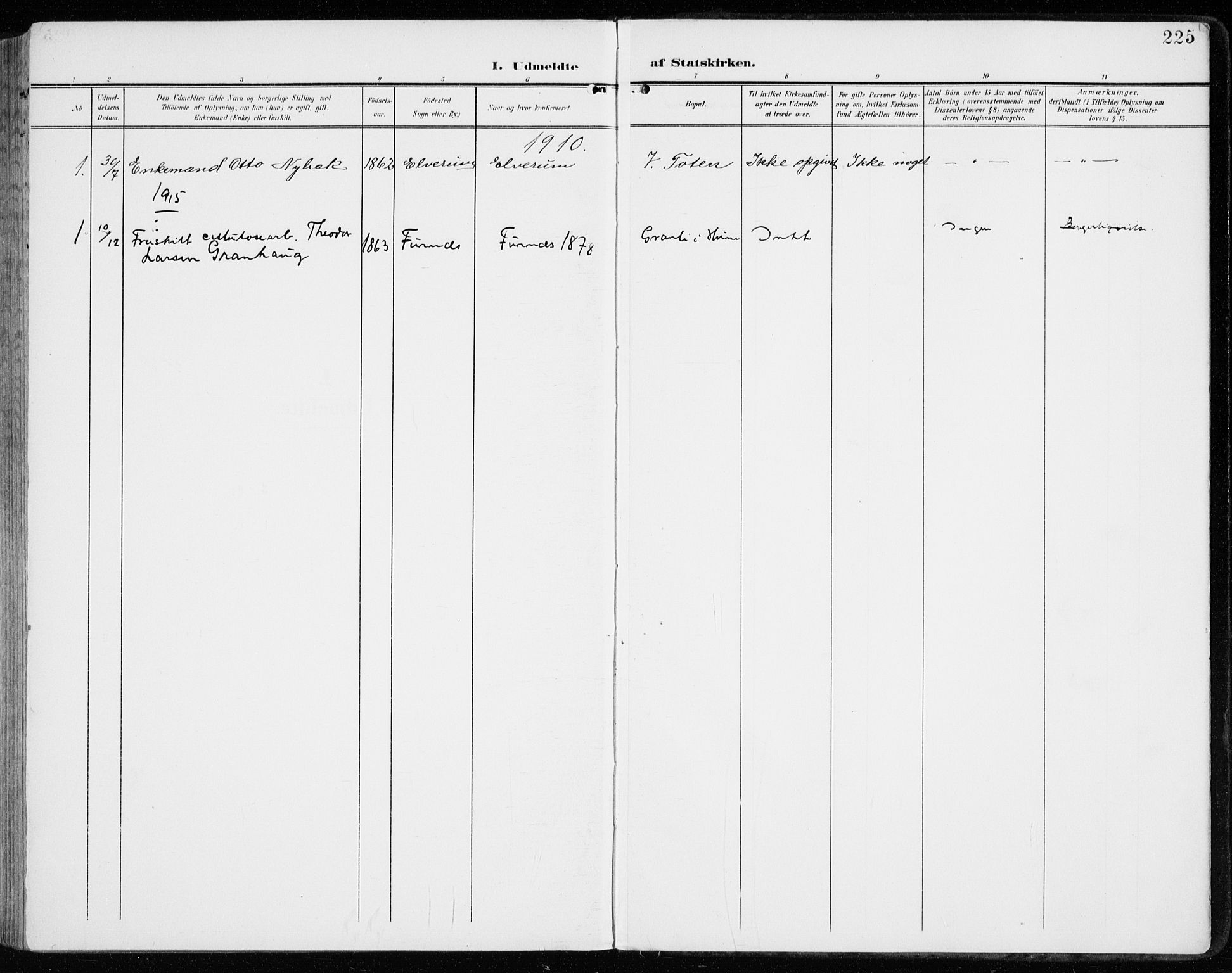 Vardal prestekontor, SAH/PREST-100/H/Ha/Haa/L0016: Parish register (official) no. 16, 1904-1916, p. 225