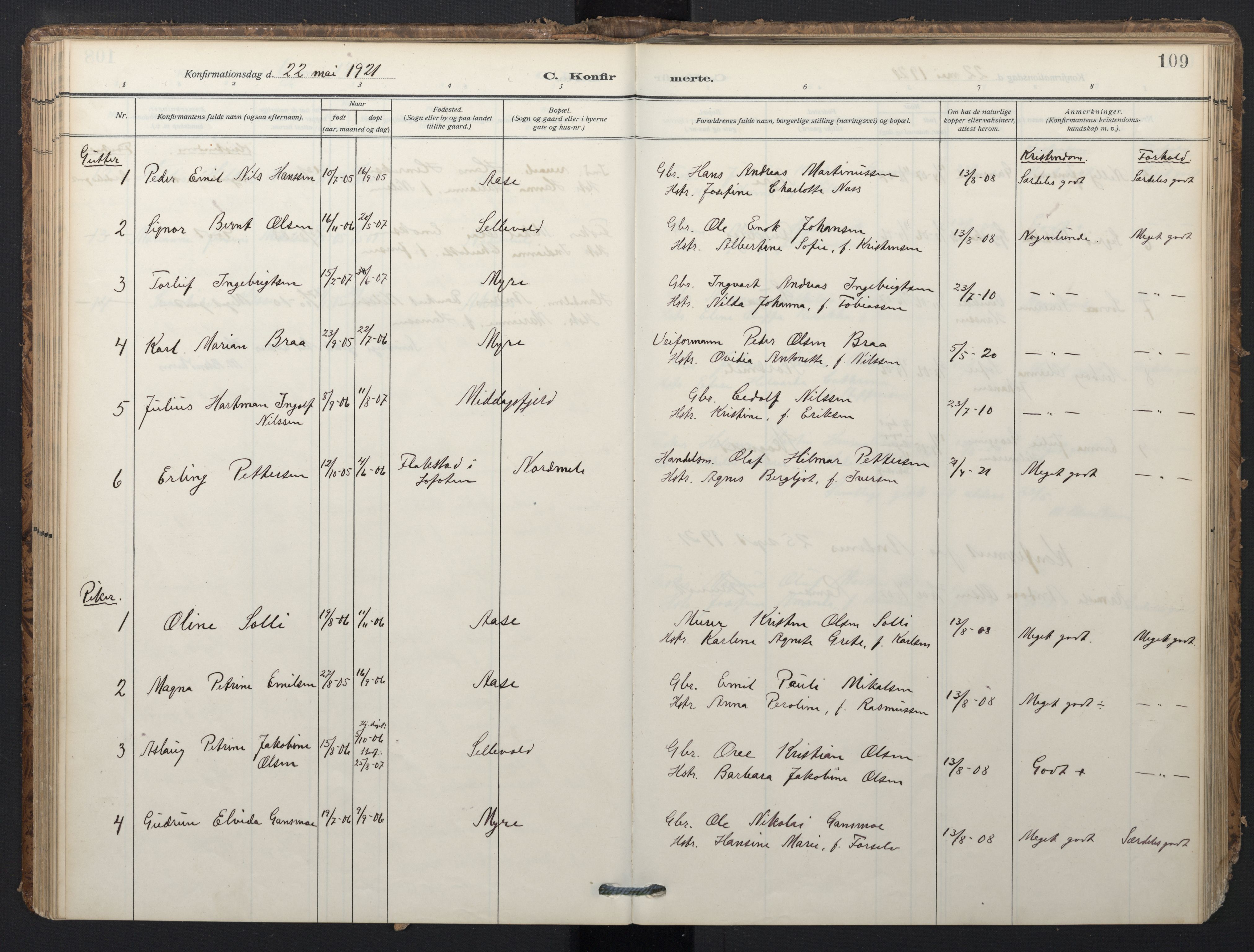 Ministerialprotokoller, klokkerbøker og fødselsregistre - Nordland, SAT/A-1459/897/L1401: Parish register (official) no. 897A08, 1909-1921, p. 109