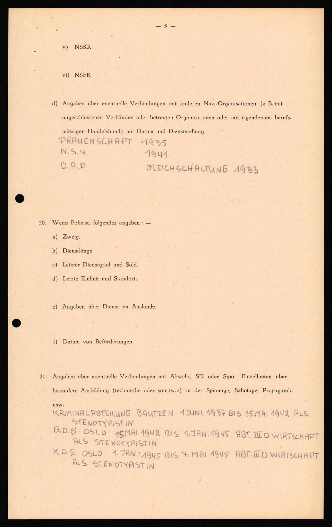 Forsvaret, Forsvarets overkommando II, RA/RAFA-3915/D/Db/L0022: CI Questionaires. Tyske okkupasjonsstyrker i Norge. Tyskere., 1945-1946, p. 151