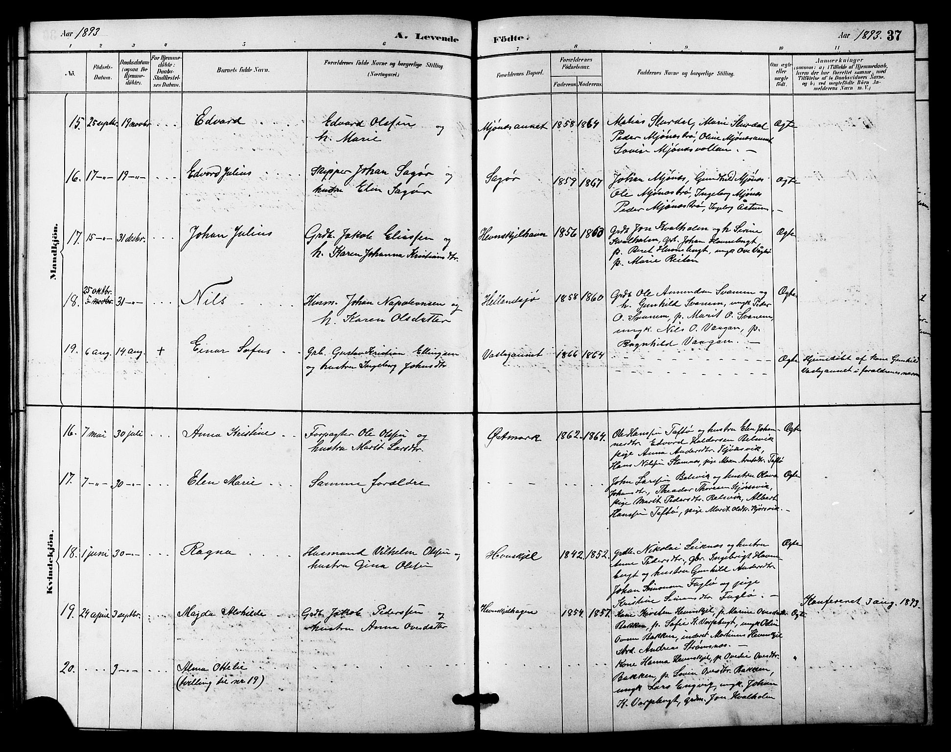 Ministerialprotokoller, klokkerbøker og fødselsregistre - Sør-Trøndelag, AV/SAT-A-1456/633/L0519: Parish register (copy) no. 633C01, 1884-1905, p. 37