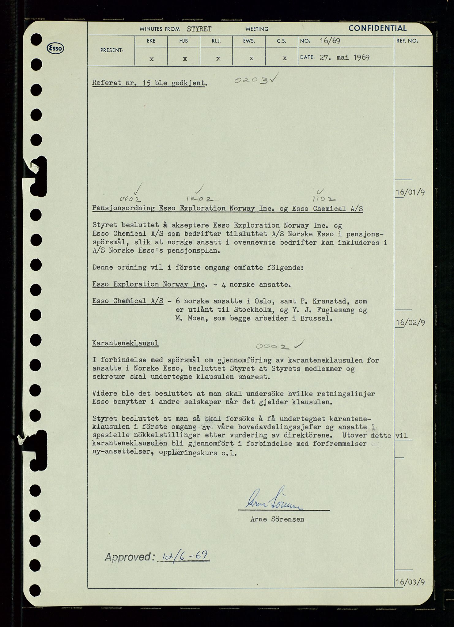 Pa 0982 - Esso Norge A/S, SAST/A-100448/A/Aa/L0003/0001: Den administrerende direksjon Board minutes (styrereferater) og Bedriftforsamlingsprotokoll / Den administrerende direksjon Board minutes (styrereferater), 1969, p. 18