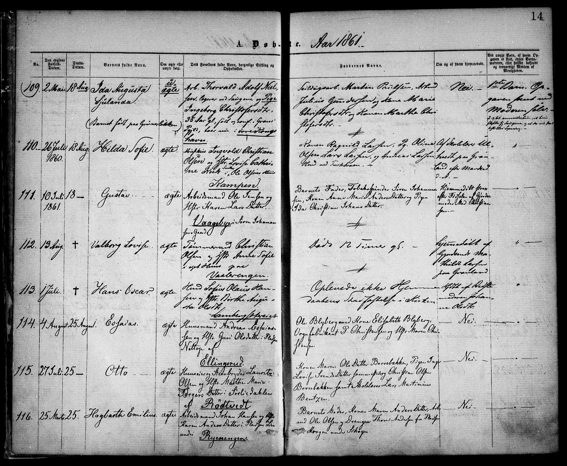 Østre Aker prestekontor Kirkebøker, SAO/A-10840/F/Fa/L0001: Parish register (official) no. I 1, 1861-1869, p. 14