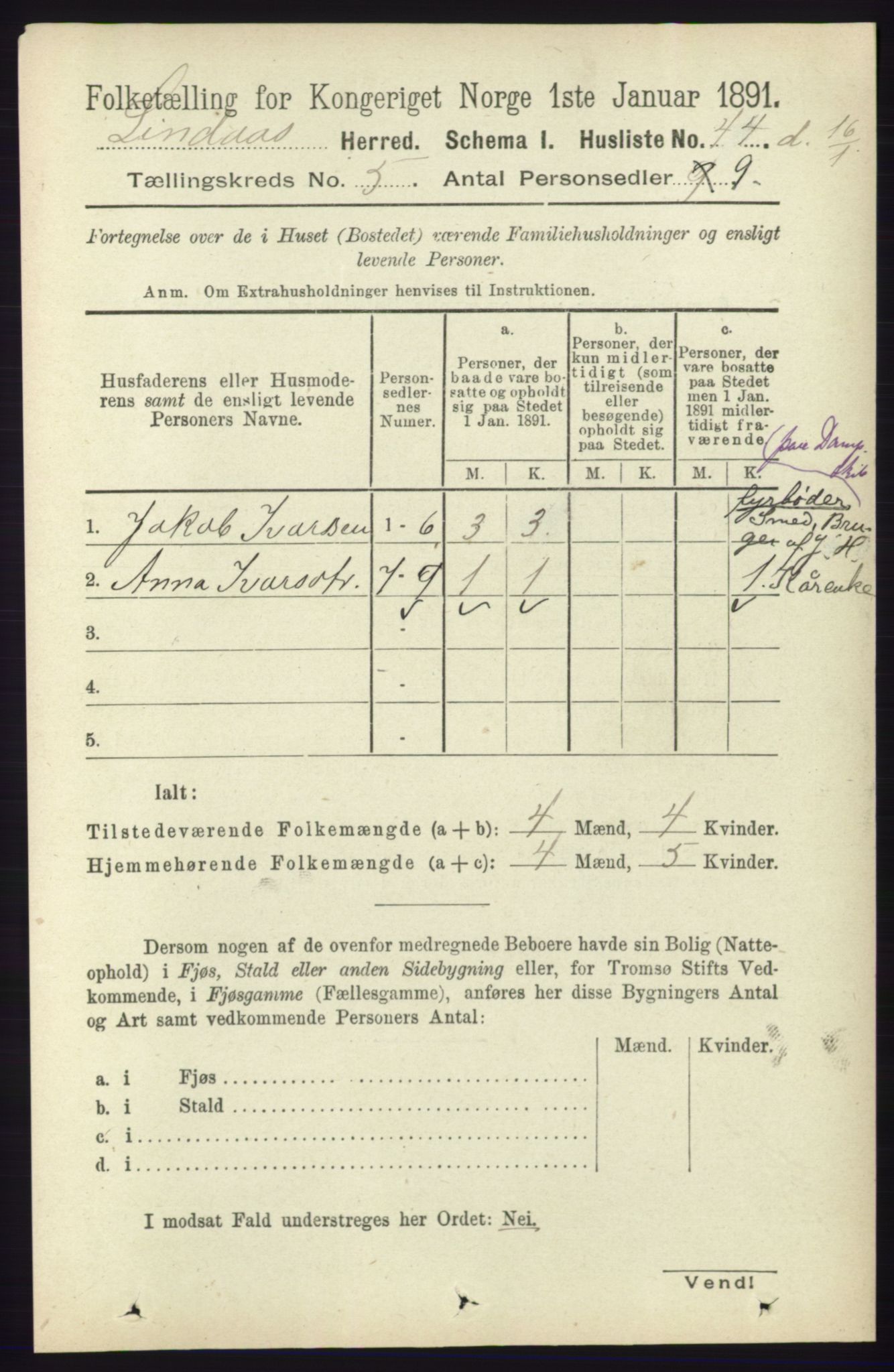 RA, 1891 census for 1263 Lindås, 1891, p. 1440