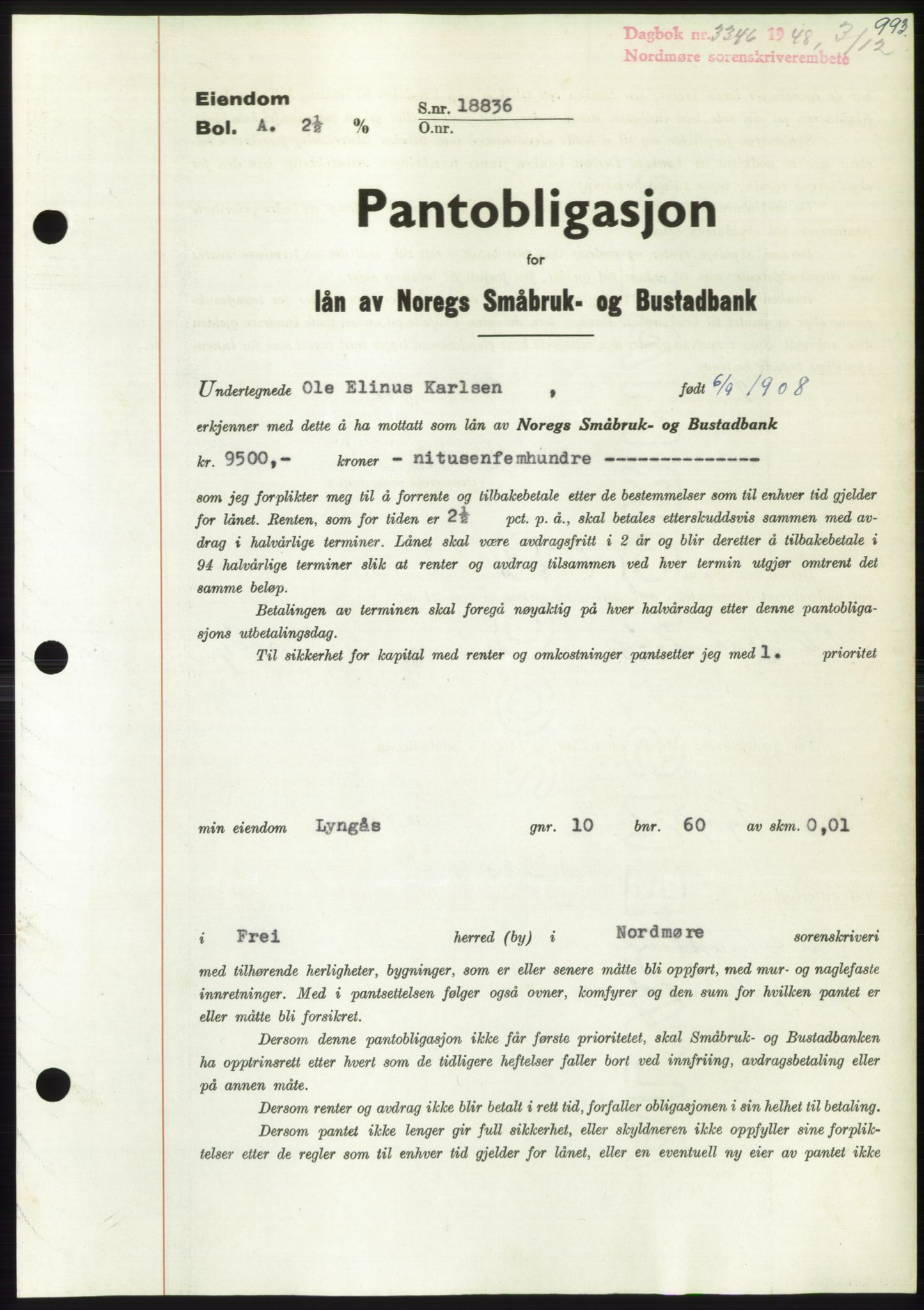 Nordmøre sorenskriveri, AV/SAT-A-4132/1/2/2Ca: Mortgage book no. B100, 1948-1949, Diary no: : 3346/1948