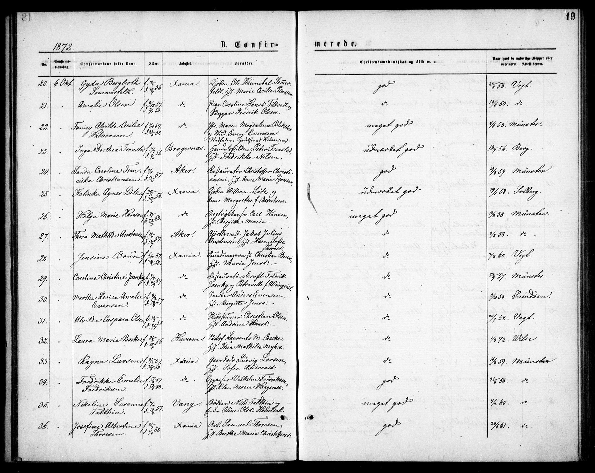 Oslo domkirke Kirkebøker, SAO/A-10752/F/Fa/L0018: Parish register (official) no. 18, 1872-1886, p. 19
