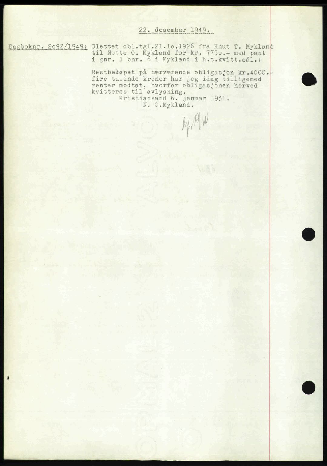 Nedenes sorenskriveri, AV/SAK-1221-0006/G/Gb/Gba/L0062: Mortgage book no. A14, 1949-1950, Diary no: : 2092/1949