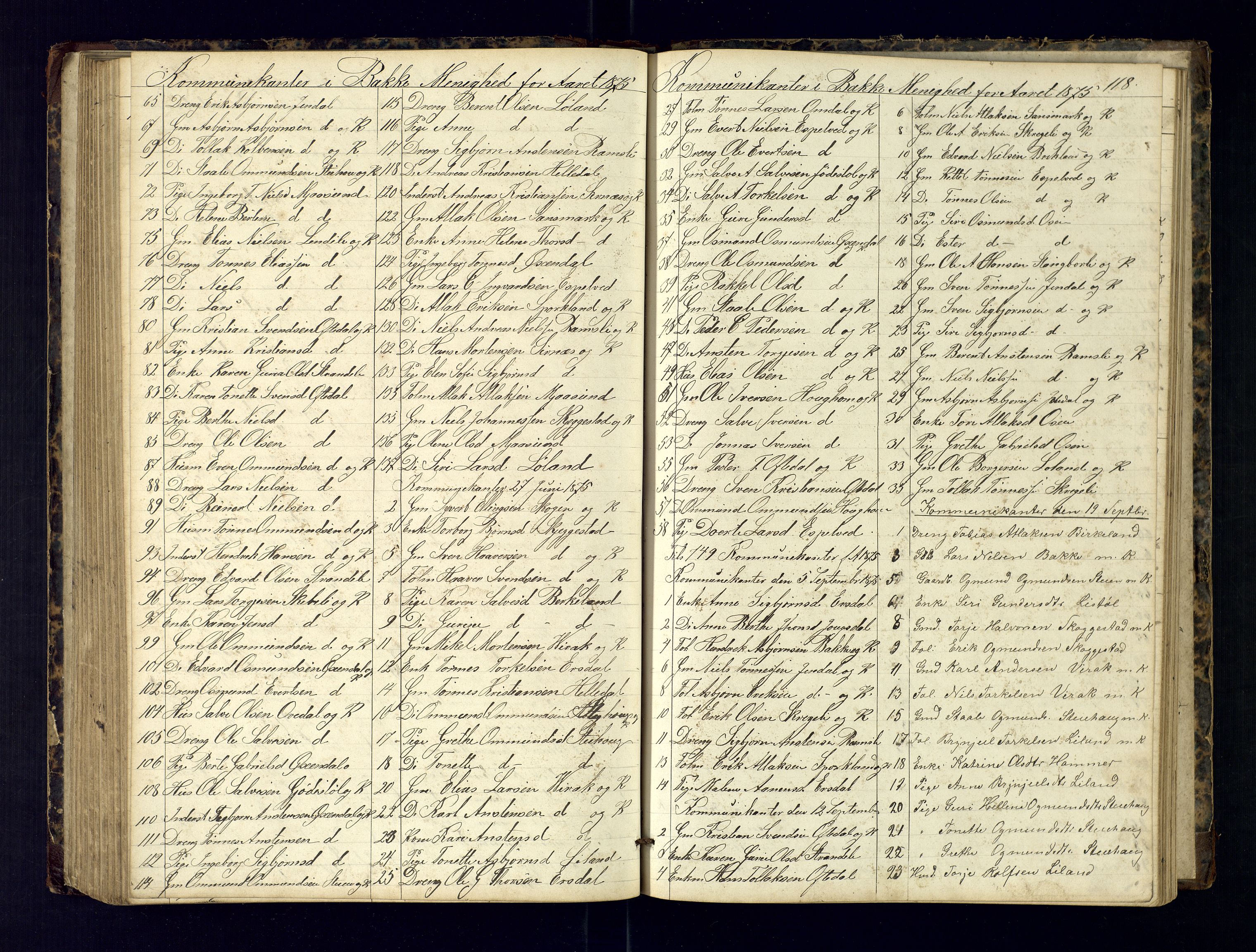 Bakke sokneprestkontor, AV/SAK-1111-0002/F/Fc/Fca/L0001: Communicants register no. C-1, 1862-1878, p. 118