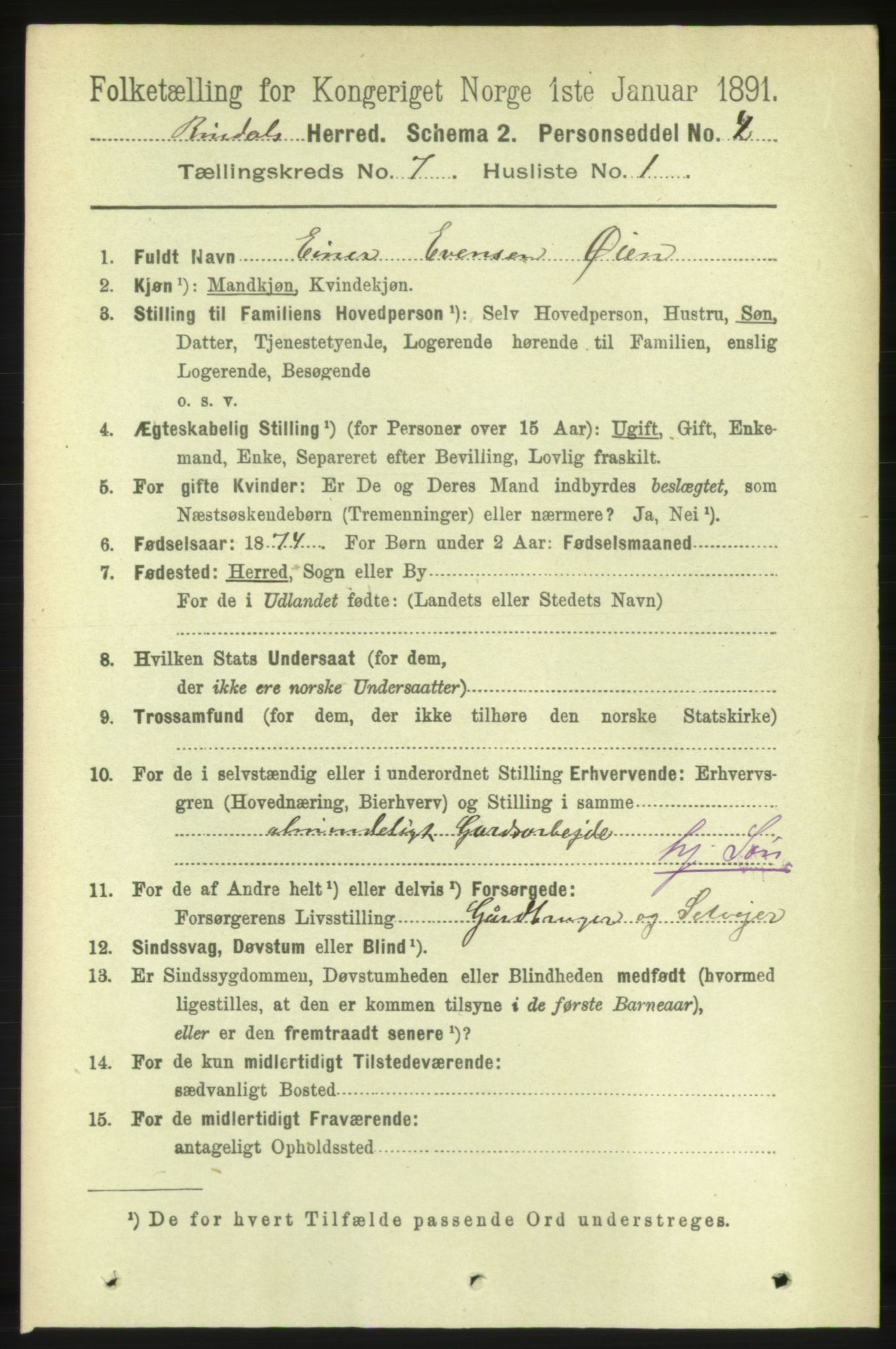 RA, 1891 census for 1567 Rindal, 1891, p. 2029