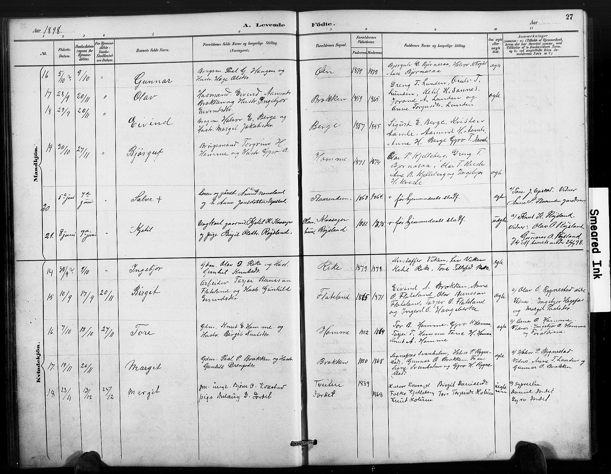 Valle sokneprestkontor, SAK/1111-0044/F/Fb/Fbc/L0004: Parish register (copy) no. B 4, 1890-1928, p. 27