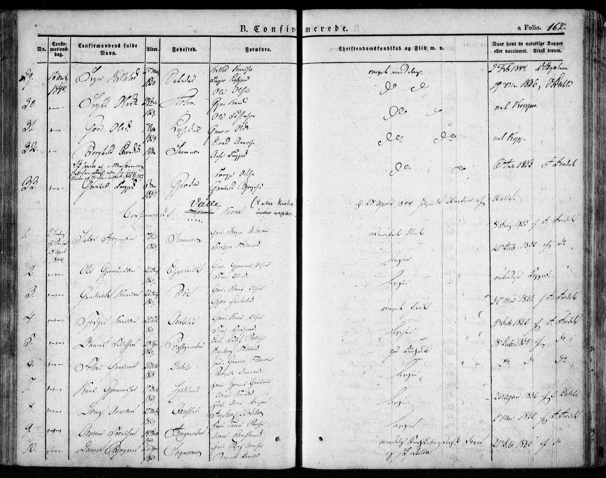 Valle sokneprestkontor, AV/SAK-1111-0044/F/Fa/Fac/L0006: Parish register (official) no. A 6, 1831-1853, p. 162