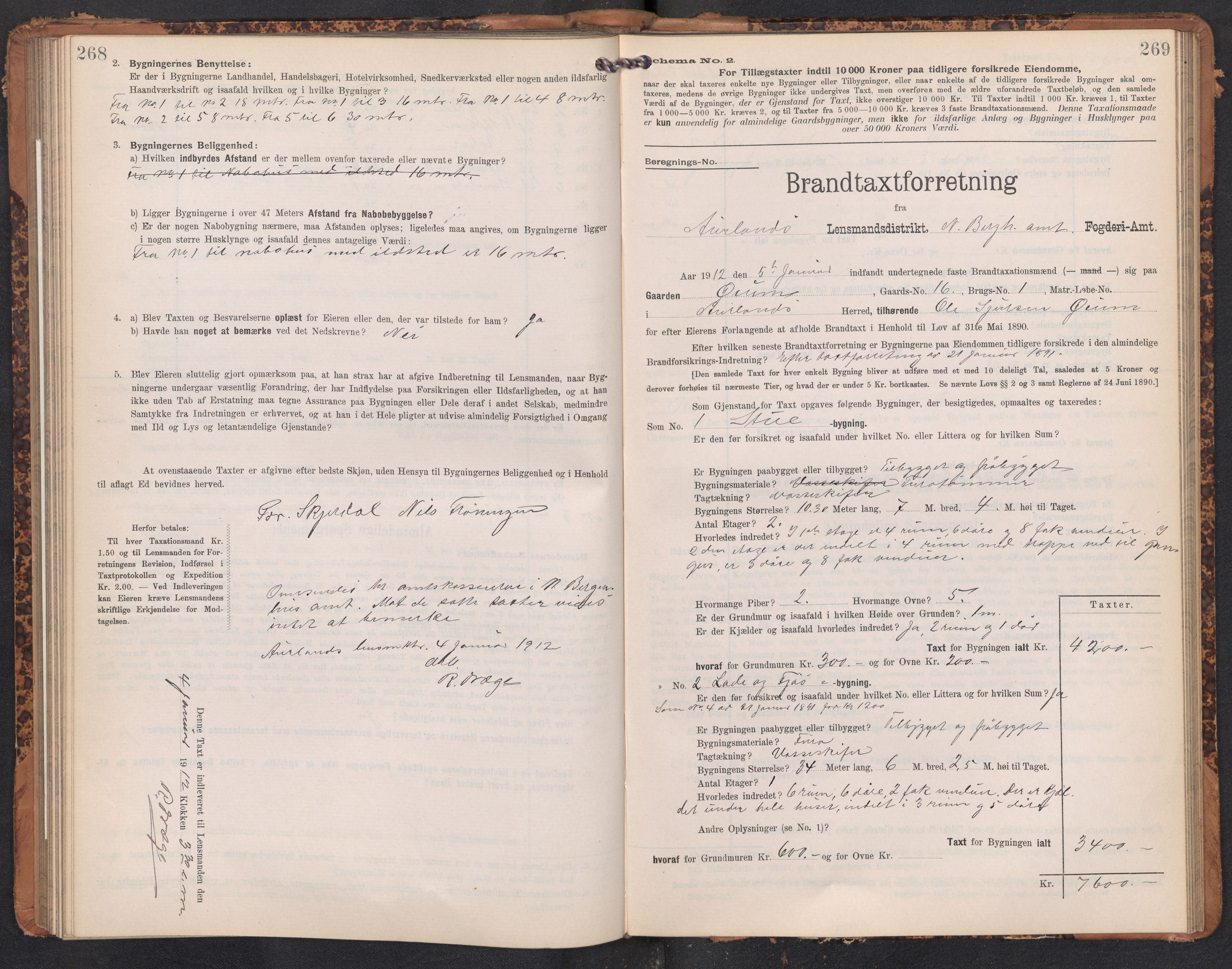 Lensmannen i Aurland, AV/SAB-A-26401/0012/L0005: Branntakstprotokoll, skjematakst, 1909-1916, p. 268-269