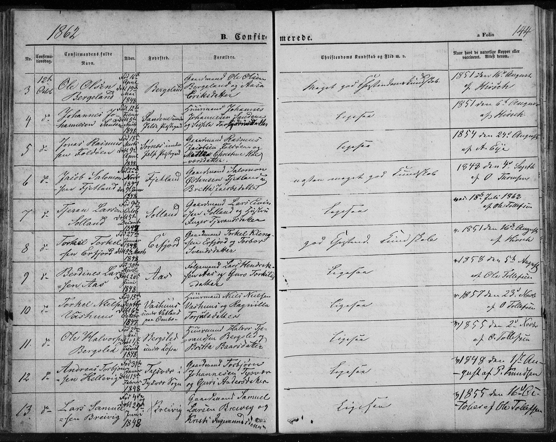 Jelsa sokneprestkontor, AV/SAST-A-101842/01/IV: Parish register (official) no. A 7, 1854-1866, p. 144