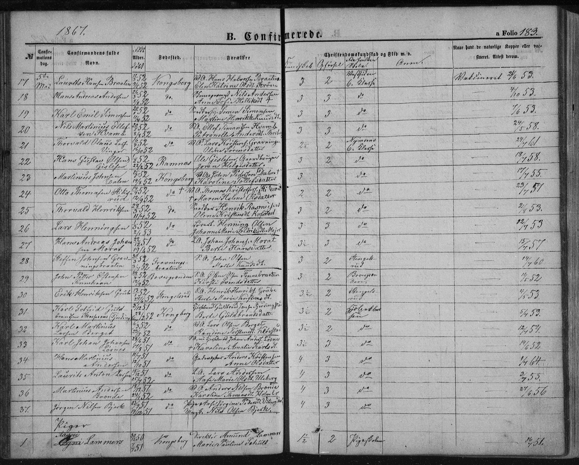 Kongsberg kirkebøker, AV/SAKO-A-22/F/Fa/L0010: Parish register (official) no. I 10, 1859-1875, p. 183