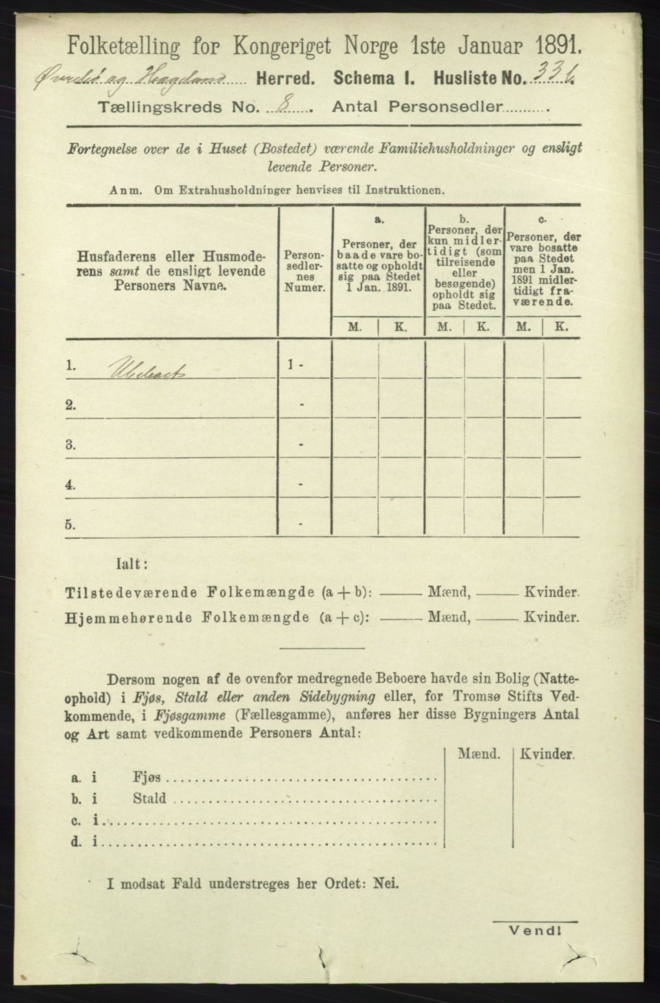 RA, 1891 census for 1016 Øvrebø og Hægeland, 1891, p. 1465