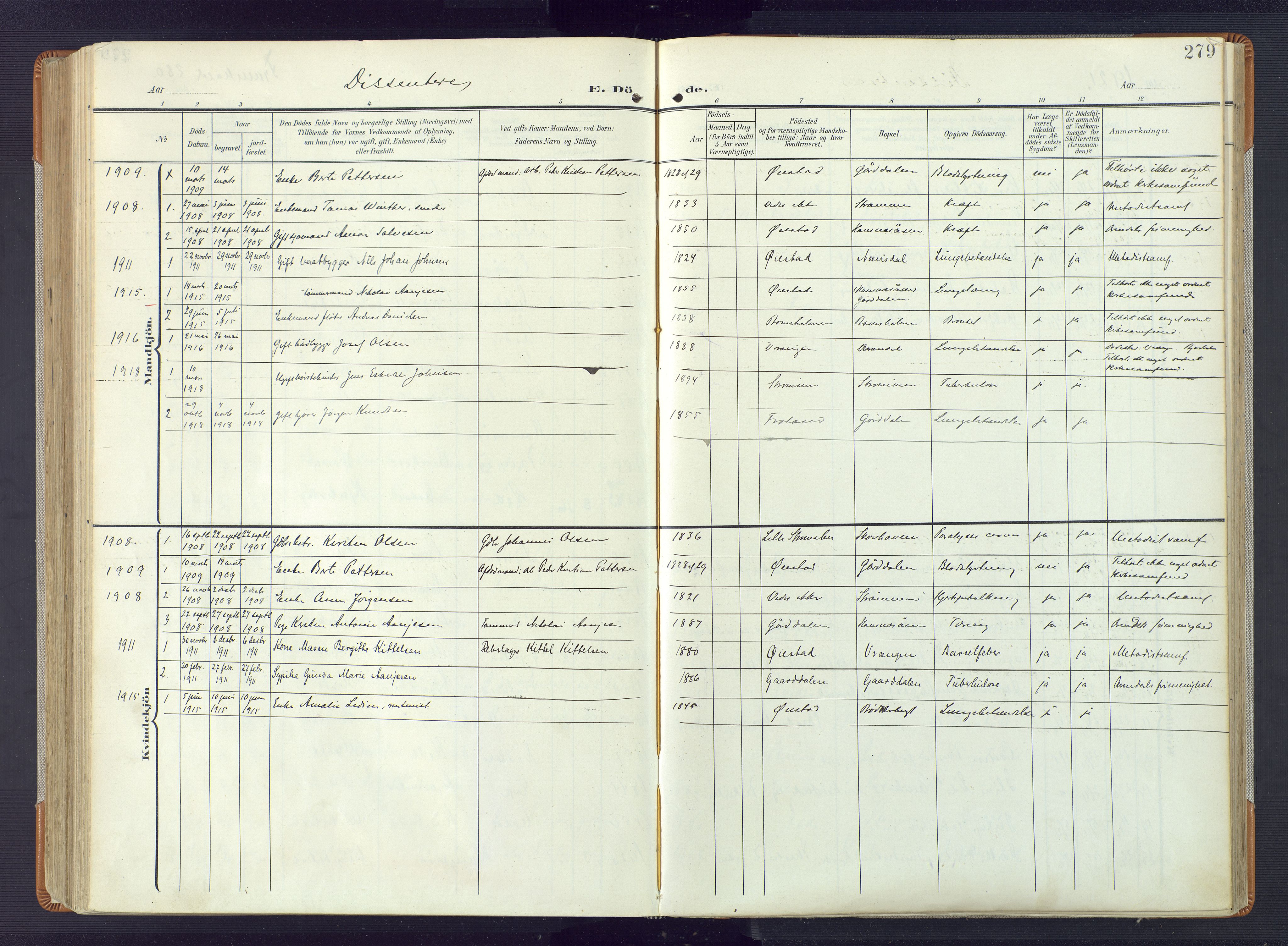 Øyestad sokneprestkontor, AV/SAK-1111-0049/F/Fa/L0019: Parish register (official) no. A 19, 1908-1922, p. 279