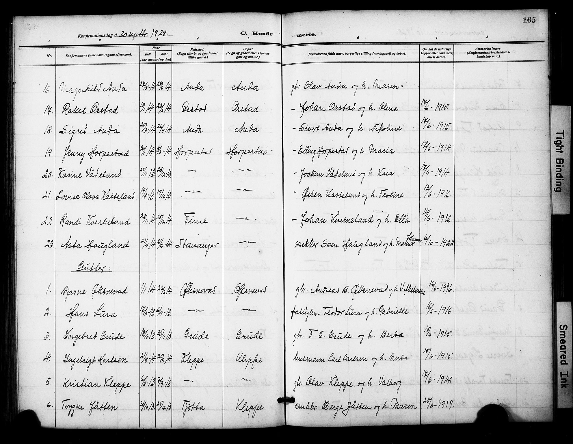 Klepp sokneprestkontor, AV/SAST-A-101803/001/3/30BB/L0007: Parish register (copy) no. B 7, 1908-1934, p. 165