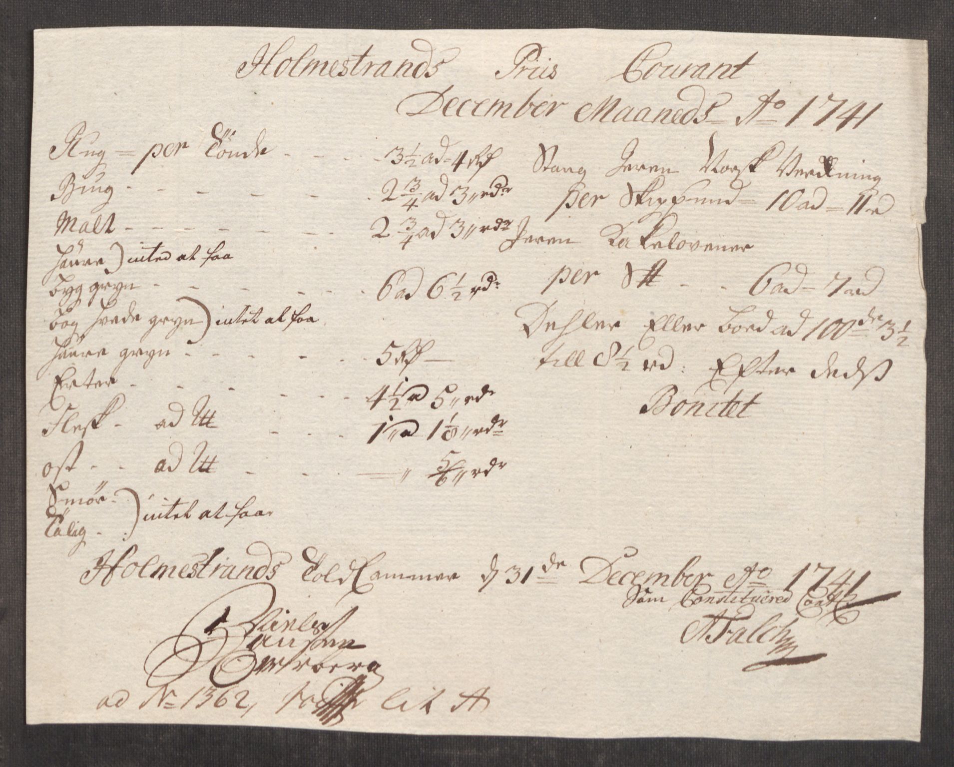 Rentekammeret inntil 1814, Realistisk ordnet avdeling, AV/RA-EA-4070/Oe/L0002: [Ø1]: Priskuranter, 1740-1744, p. 278