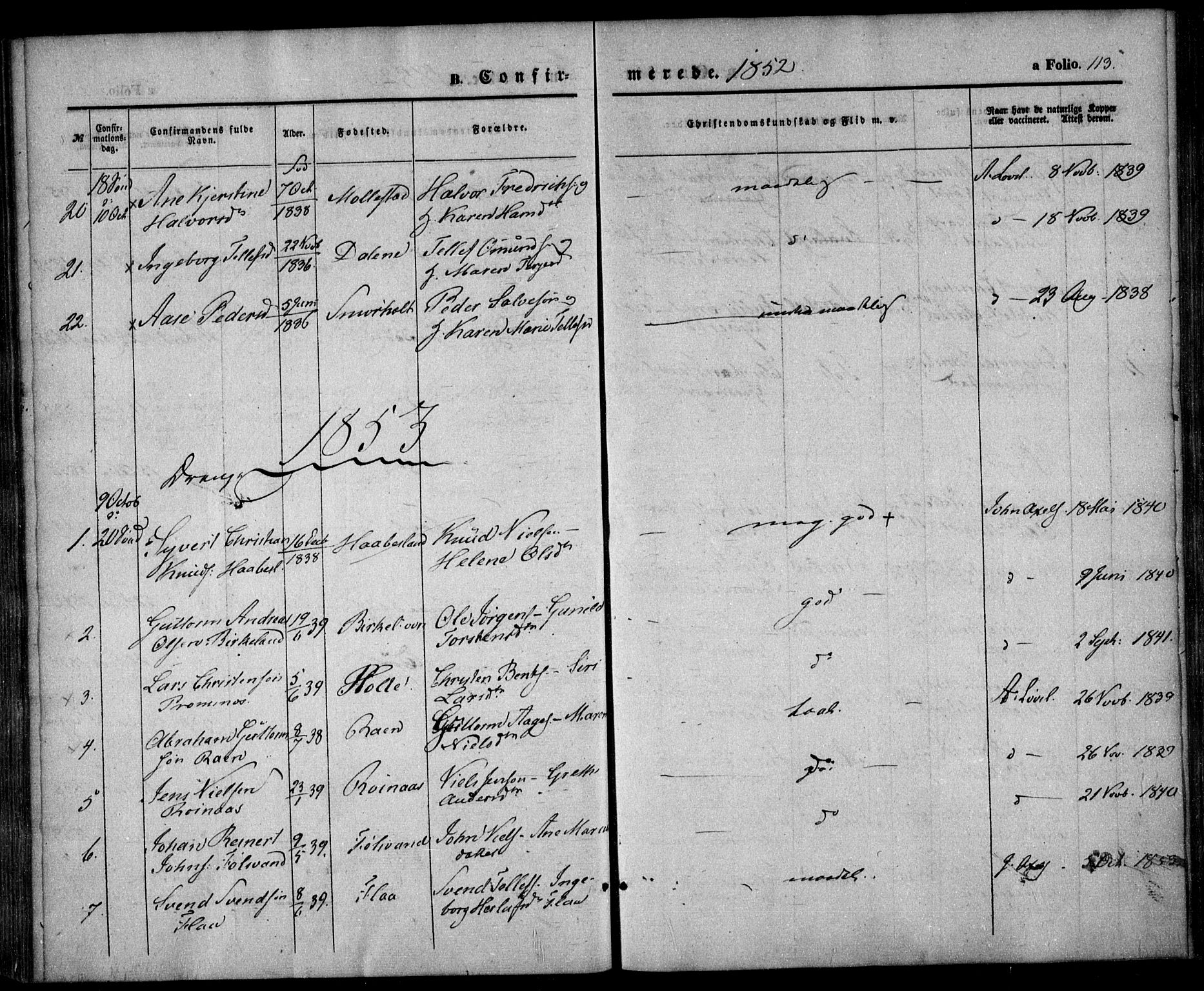 Birkenes sokneprestkontor, AV/SAK-1111-0004/F/Fa/L0003: Parish register (official) no. A 3, 1850-1866, p. 113