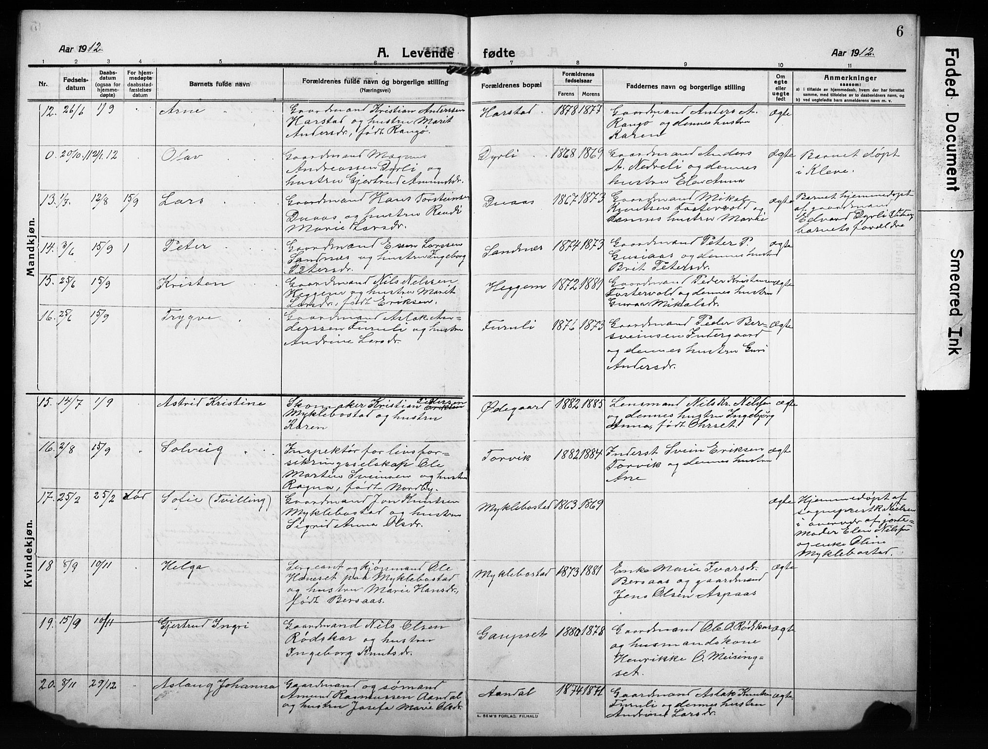 Ministerialprotokoller, klokkerbøker og fødselsregistre - Møre og Romsdal, AV/SAT-A-1454/584/L0970: Parish register (copy) no. 584C03, 1912-1932, p. 6