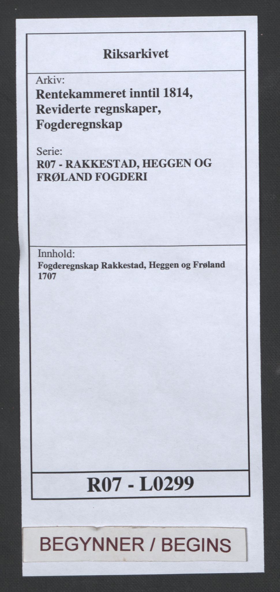 Rentekammeret inntil 1814, Reviderte regnskaper, Fogderegnskap, AV/RA-EA-4092/R07/L0299: Fogderegnskap Rakkestad, Heggen og Frøland, 1707, p. 1