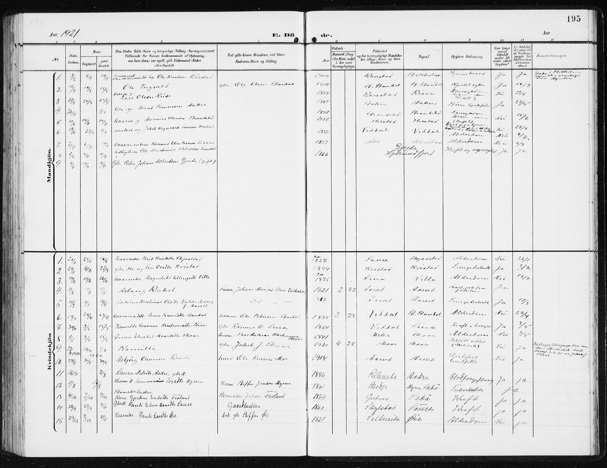Ministerialprotokoller, klokkerbøker og fødselsregistre - Møre og Romsdal, SAT/A-1454/515/L0216: Parish register (copy) no. 515C03, 1906-1941, p. 195