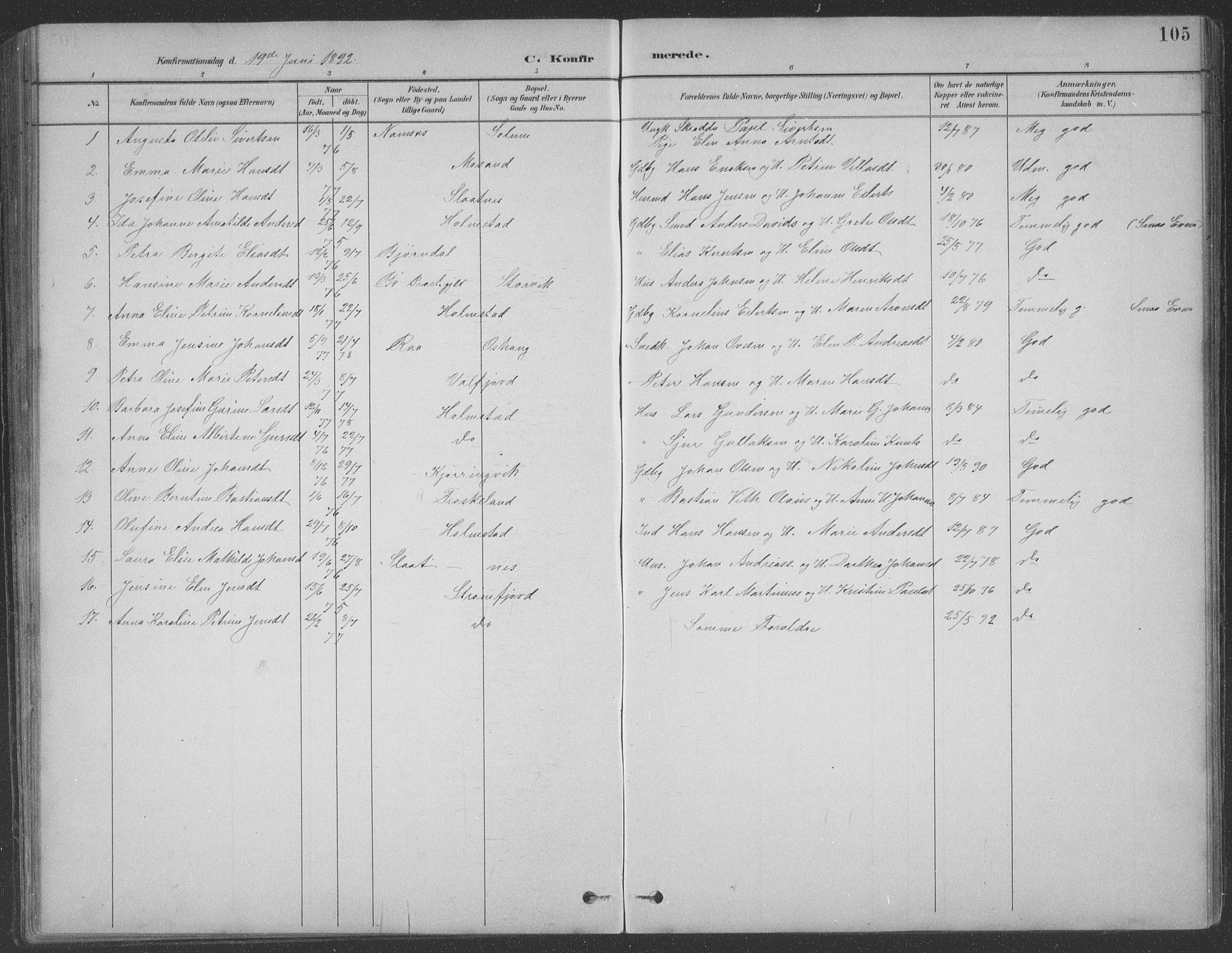 Ministerialprotokoller, klokkerbøker og fødselsregistre - Nordland, AV/SAT-A-1459/890/L1290: Parish register (copy) no. 890C01, 1882-1911, p. 105