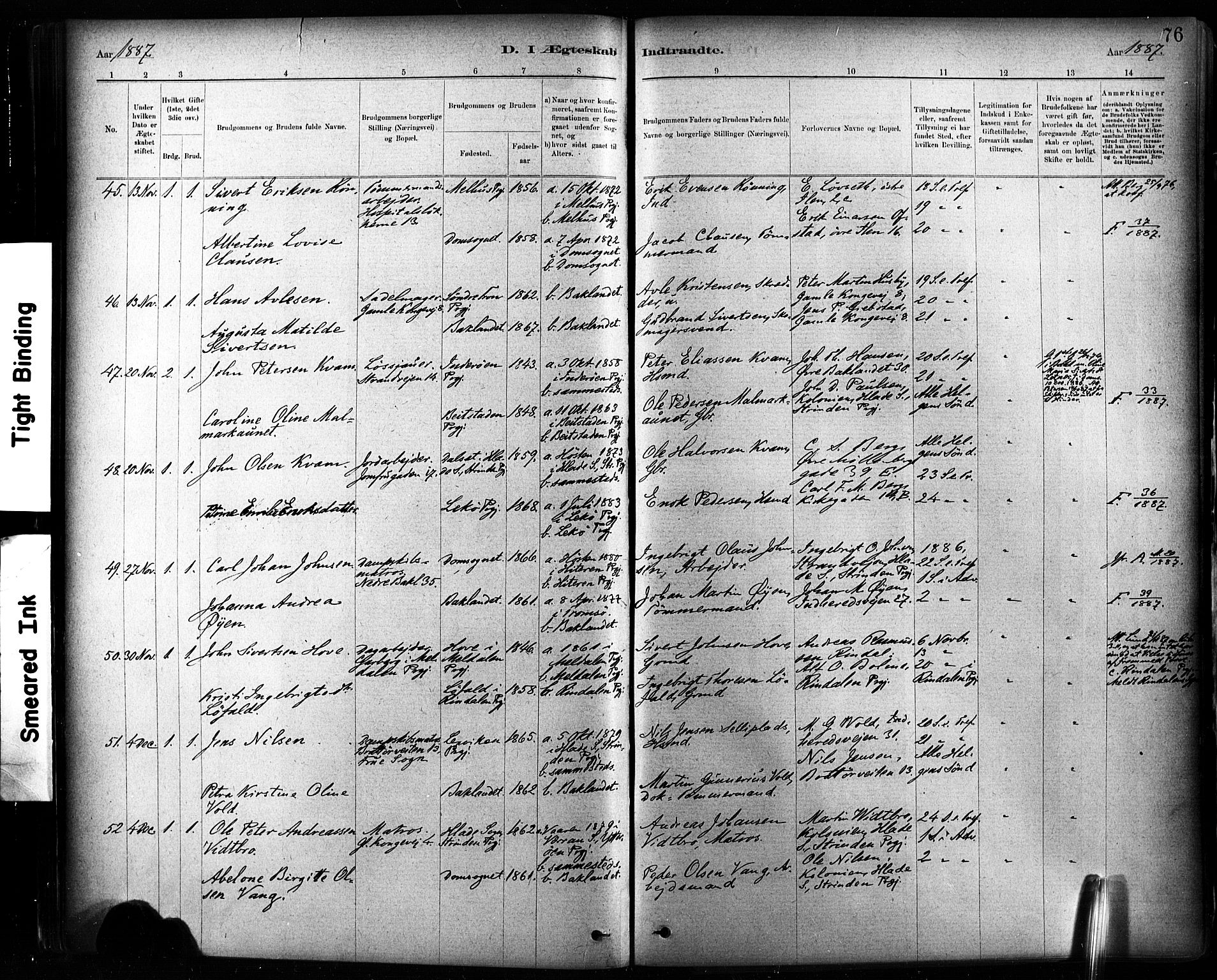 Ministerialprotokoller, klokkerbøker og fødselsregistre - Sør-Trøndelag, SAT/A-1456/604/L0189: Parish register (official) no. 604A10, 1878-1892, p. 76