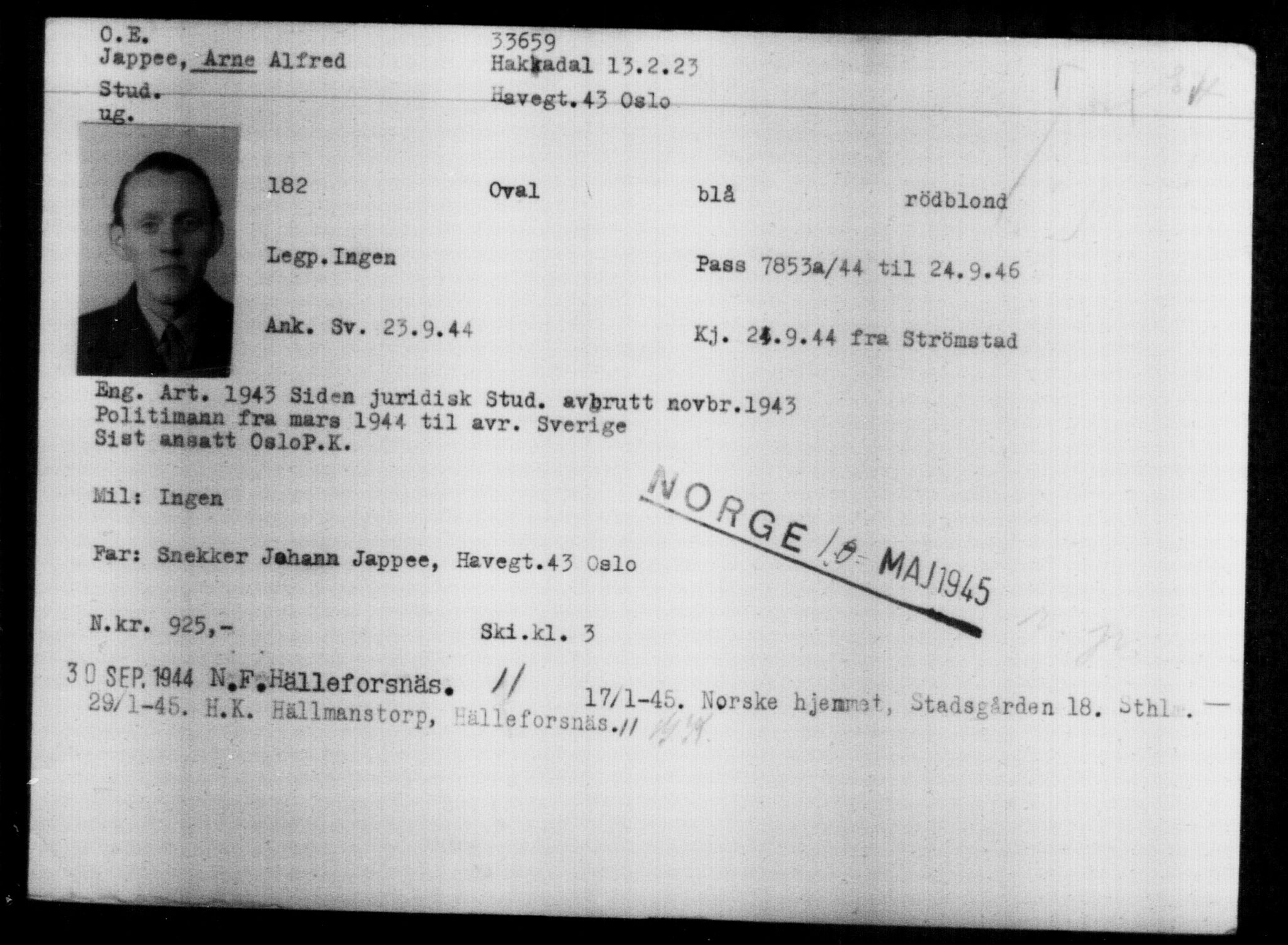 Utenriksstasjonene, Legasjonen i Stockholm, Flyktningkontoret, AV/RA-S-6753/V/Va/L0013: Kjesäterkartoteket, flyktninger med registreringsnr. 31500-34731, 1940-1945, p. 2278