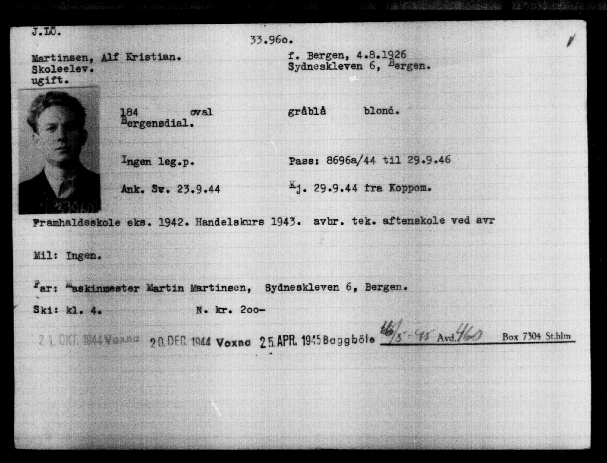 Utenriksstasjonene, Legasjonen i Stockholm, Flyktningkontoret, AV/RA-S-6753/V/Va/L0013: Kjesäterkartoteket, flyktninger med registreringsnr. 31500-34731, 1940-1945, p. 2598