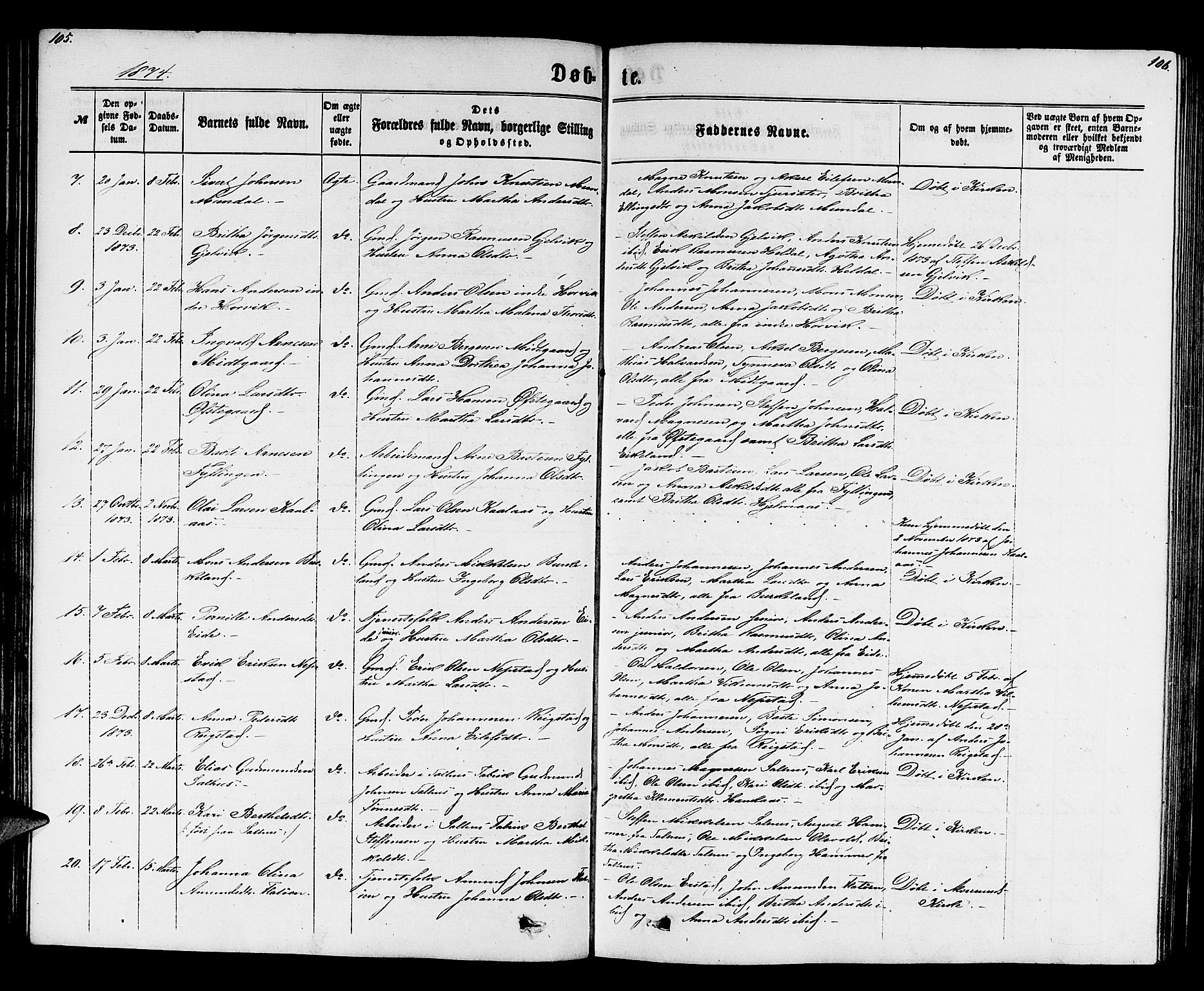 Hamre sokneprestembete, SAB/A-75501/H/Ha/Hab: Parish register (copy) no. B 2, 1863-1880, p. 105-106