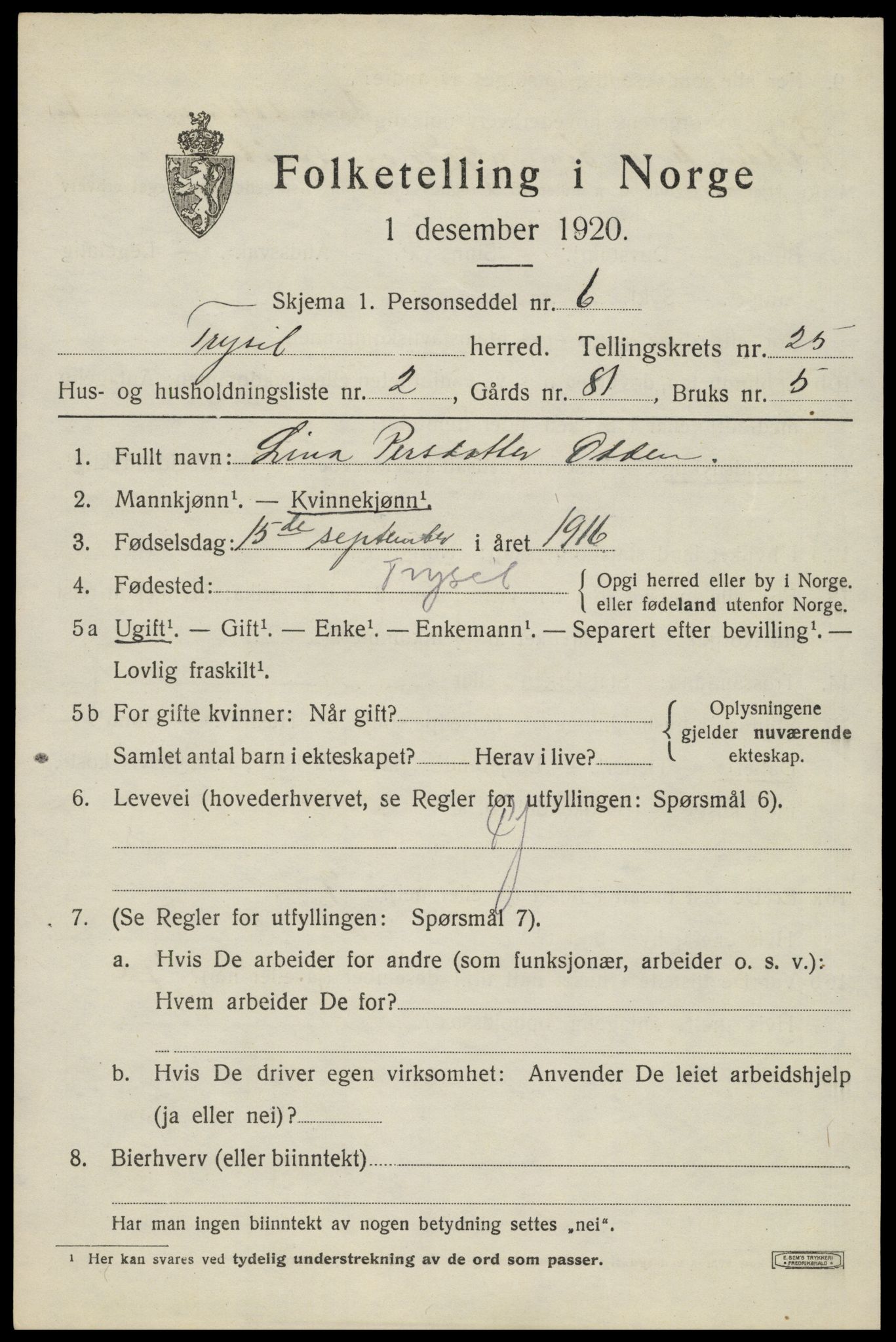 SAH, 1920 census for Trysil, 1920, p. 15707