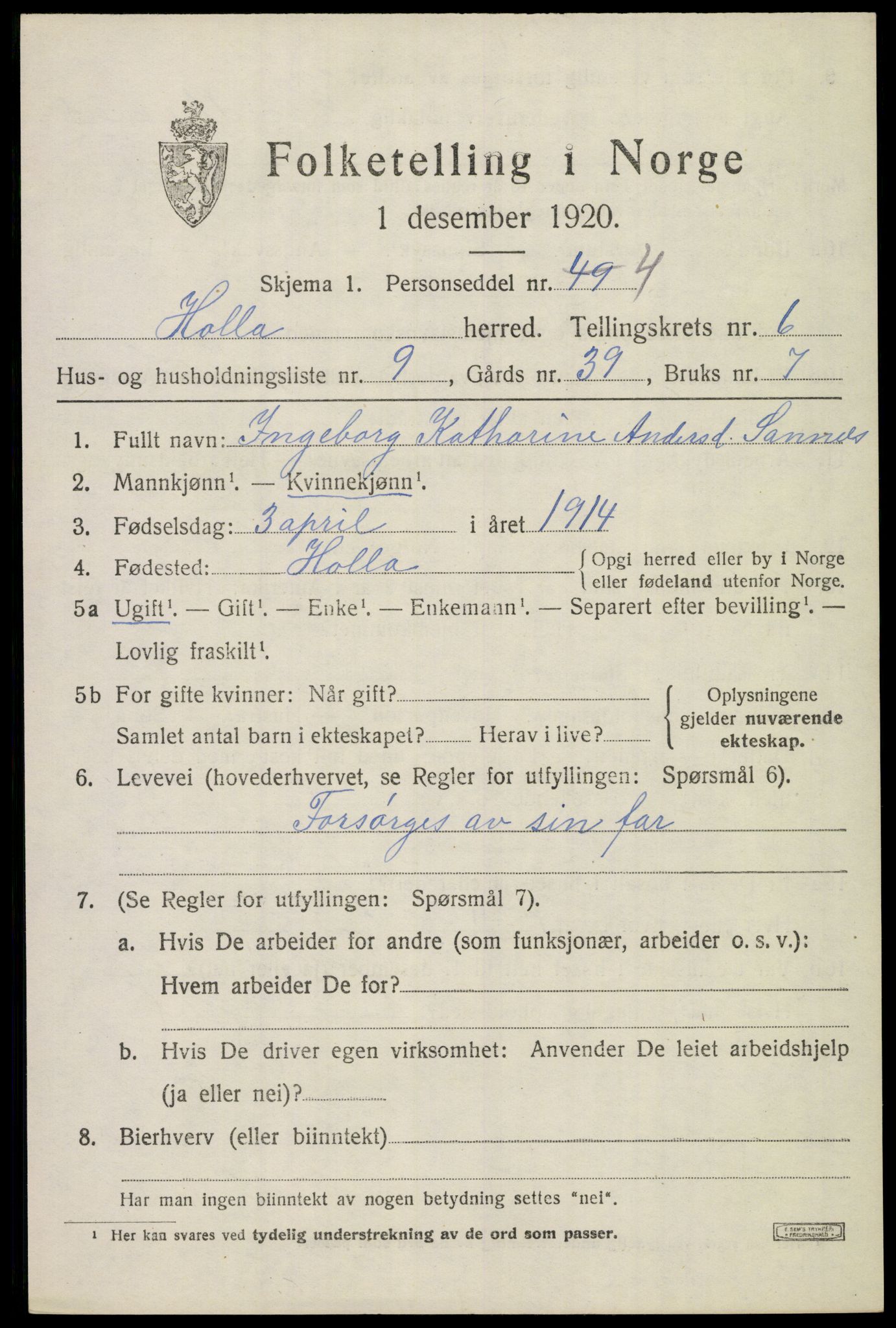 SAKO, 1920 census for Holla, 1920, p. 4545