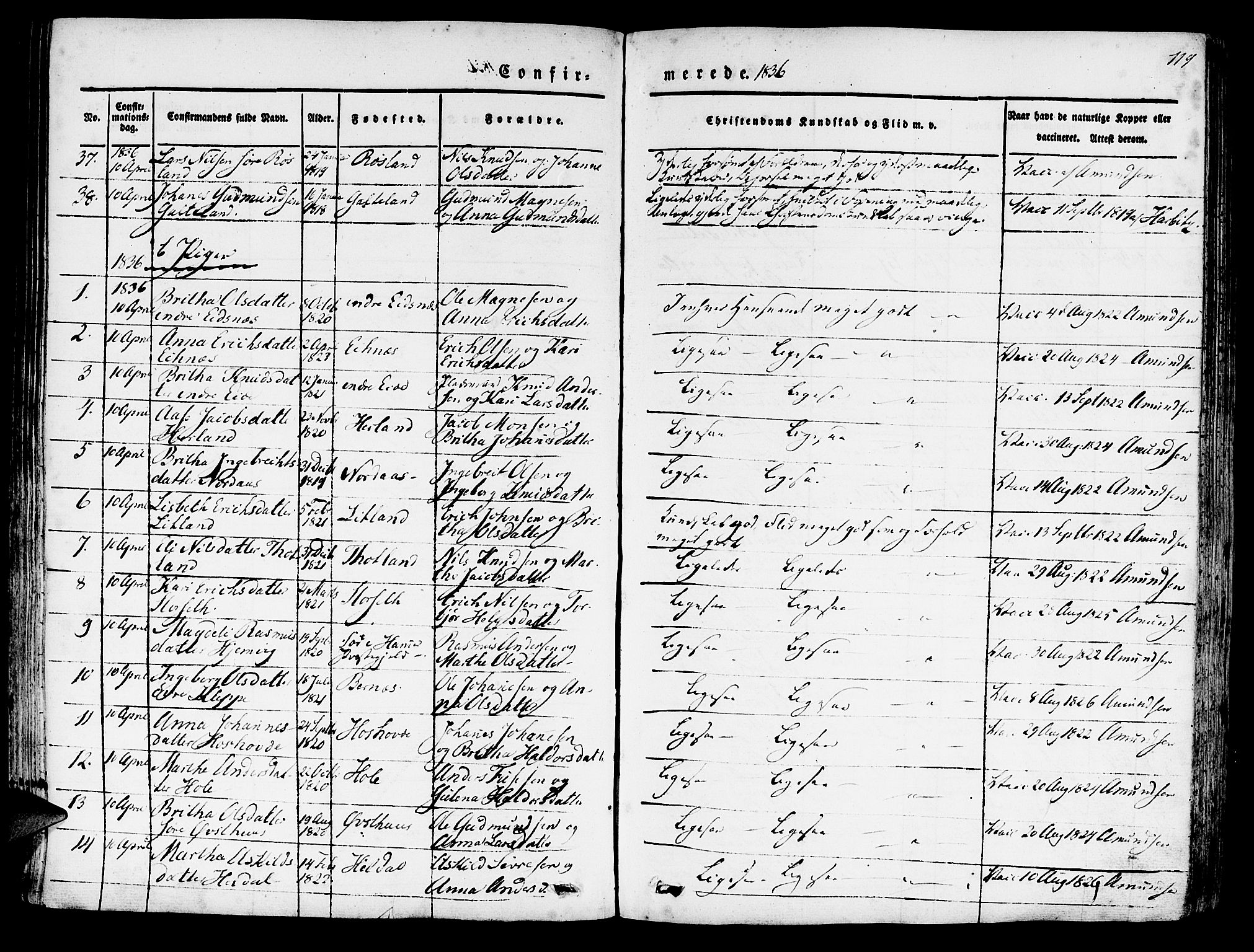 Hosanger sokneprestembete, AV/SAB-A-75801/H/Haa: Parish register (official) no. A 7, 1835-1848, p. 119