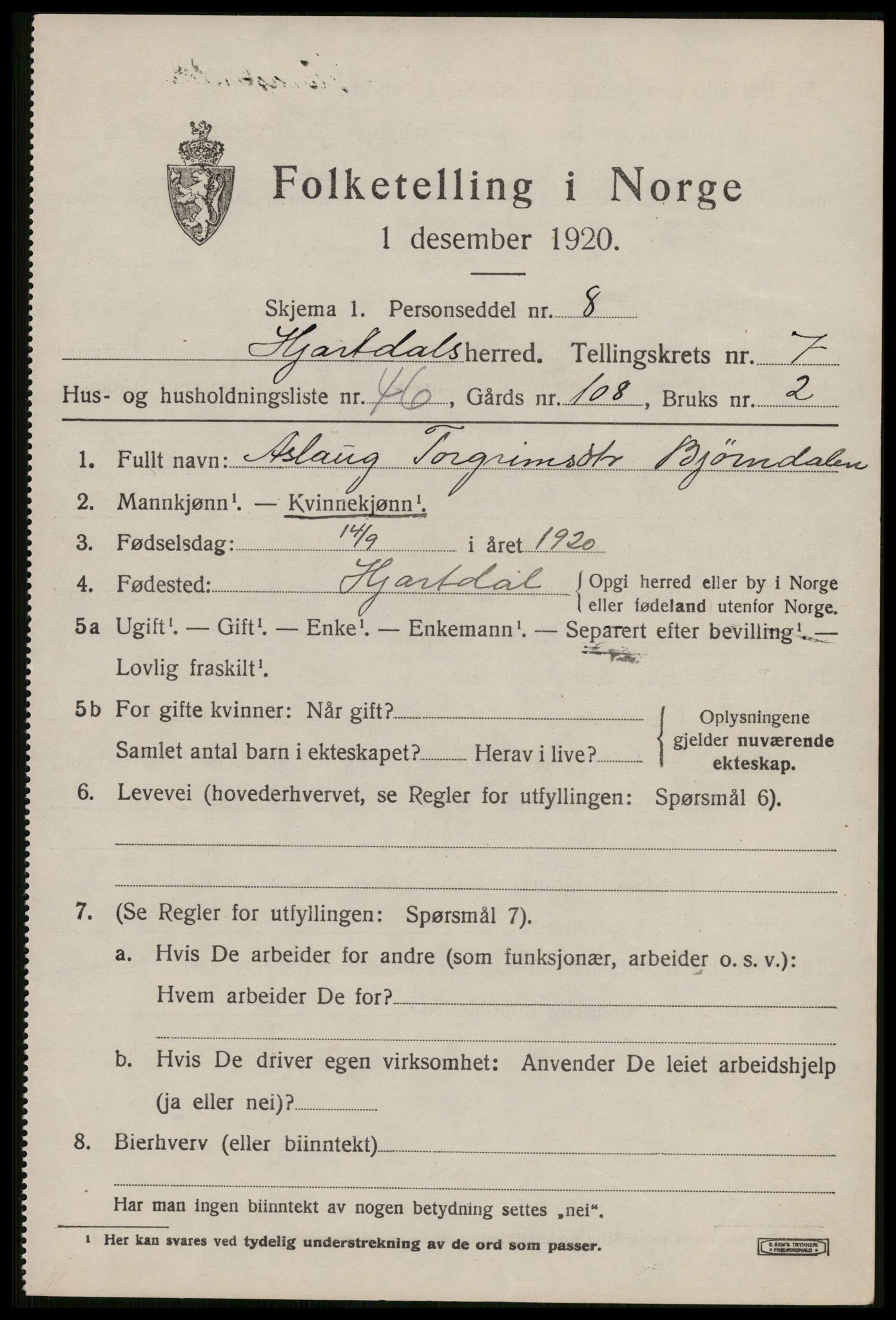 SAKO, 1920 census for Hjartdal, 1920, p. 5070