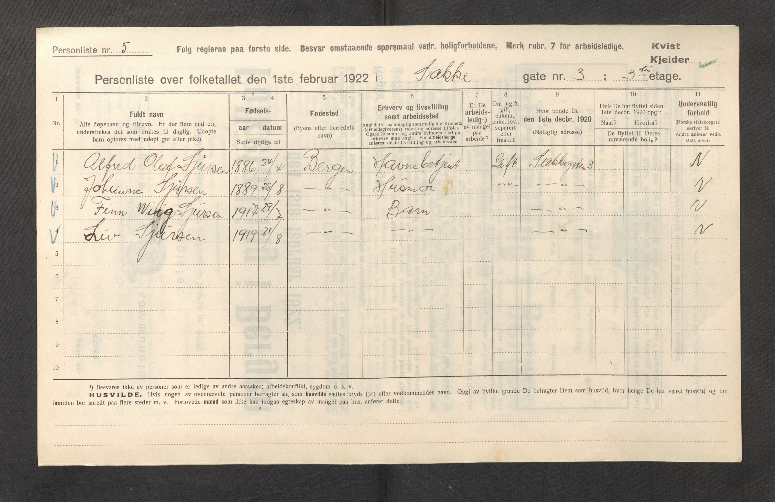 SAB, Municipal Census 1922 for Bergen, 1922, p. 42958