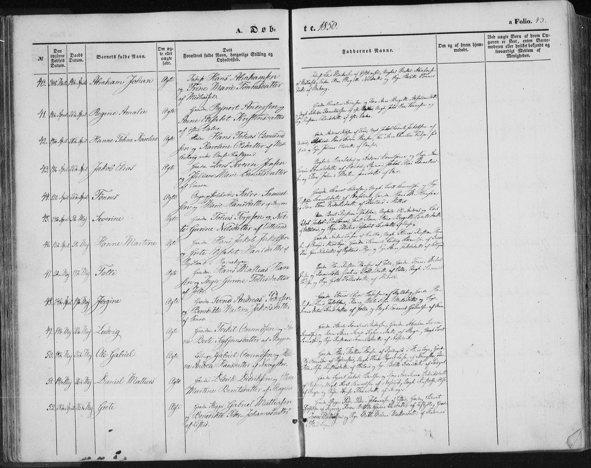 Lista sokneprestkontor, AV/SAK-1111-0027/F/Fa/L0010: Parish register (official) no. A 10, 1846-1861, p. 43