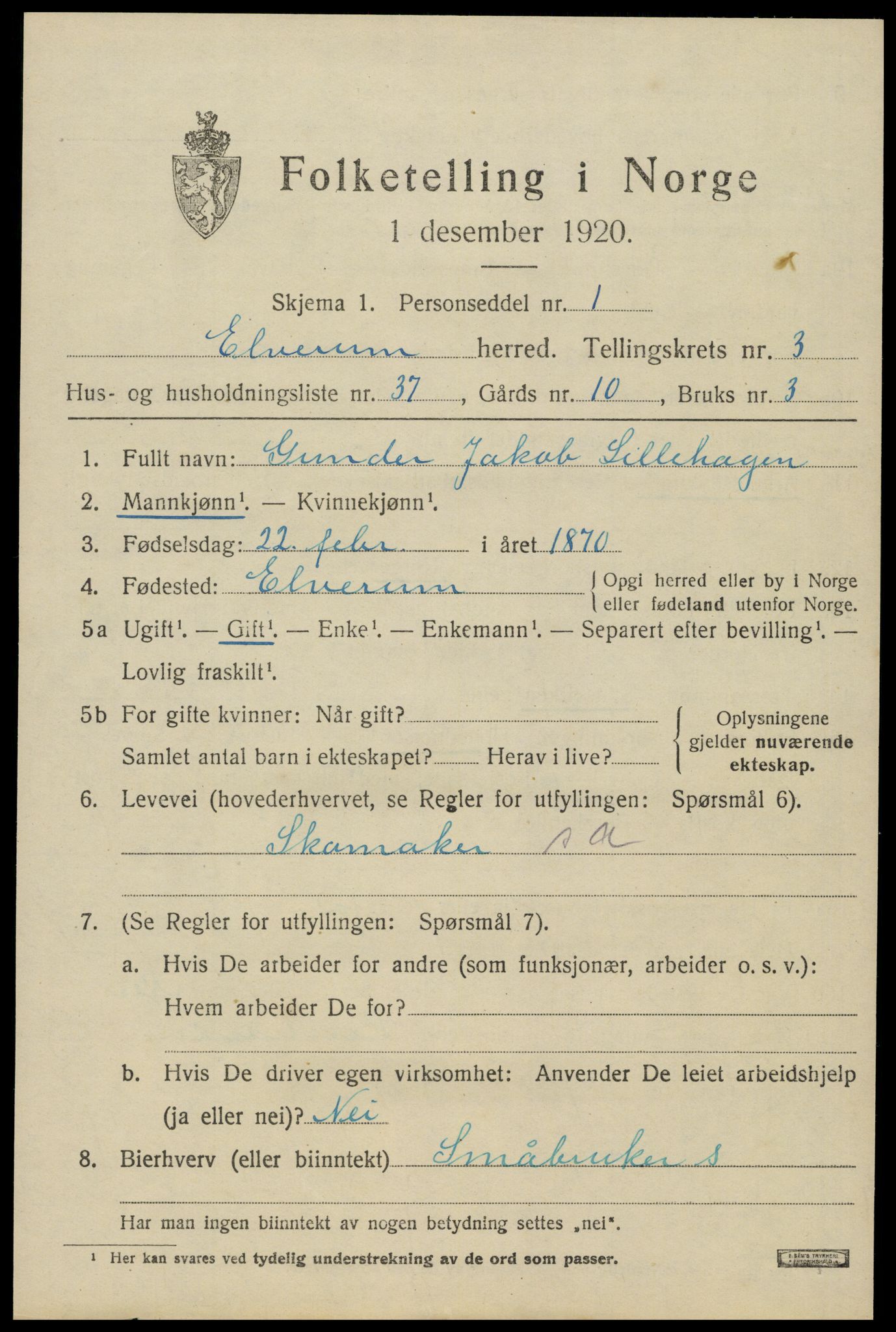 SAH, 1920 census for Elverum, 1920, p. 6416