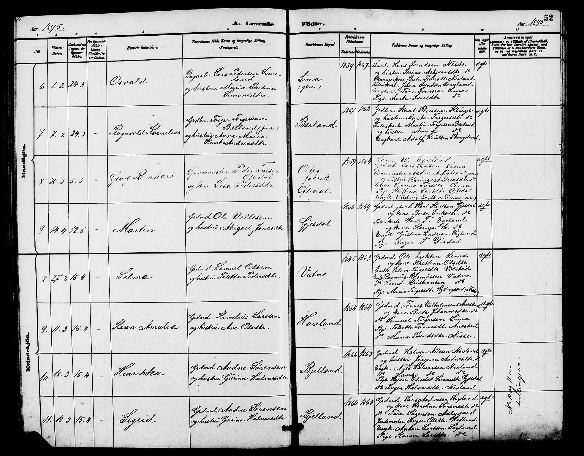 Lye sokneprestkontor, AV/SAST-A-101794/001/30BB/L0008: Parish register (copy) no. B 7, 1887-1901, p. 52