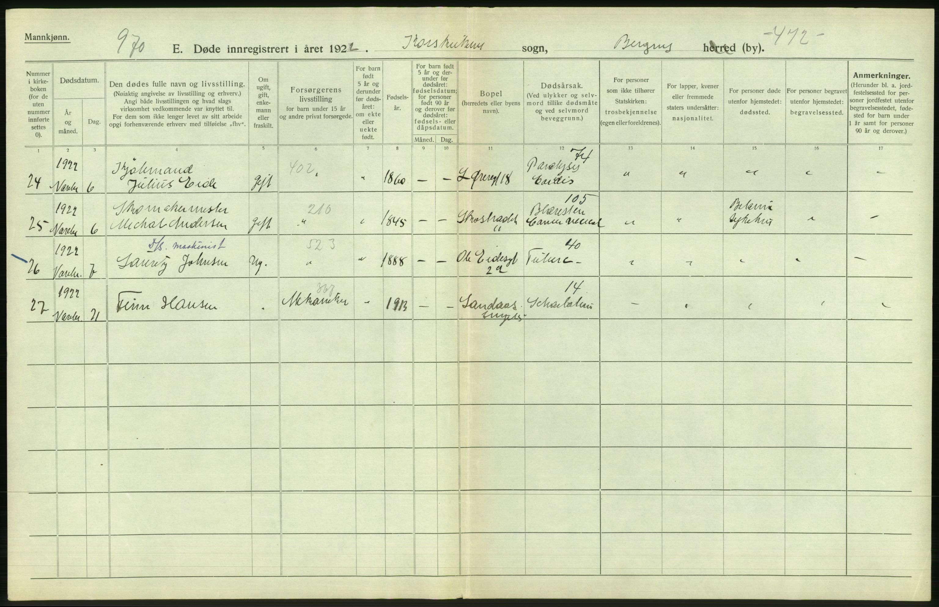 Statistisk sentralbyrå, Sosiodemografiske emner, Befolkning, AV/RA-S-2228/D/Df/Dfc/Dfcb/L0030: Bergen: Gifte, døde, dødfødte., 1922, p. 694