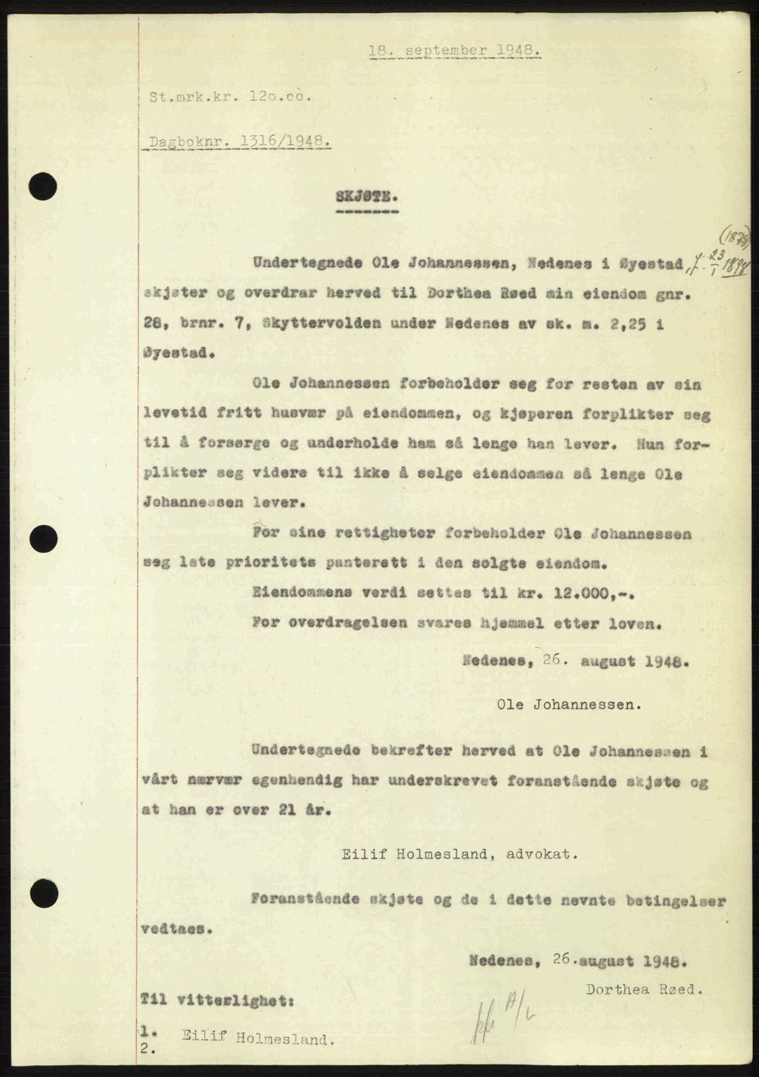Nedenes sorenskriveri, SAK/1221-0006/G/Gb/Gba/L0059: Mortgage book no. A11, 1948-1948, Diary no: : 1316/1948