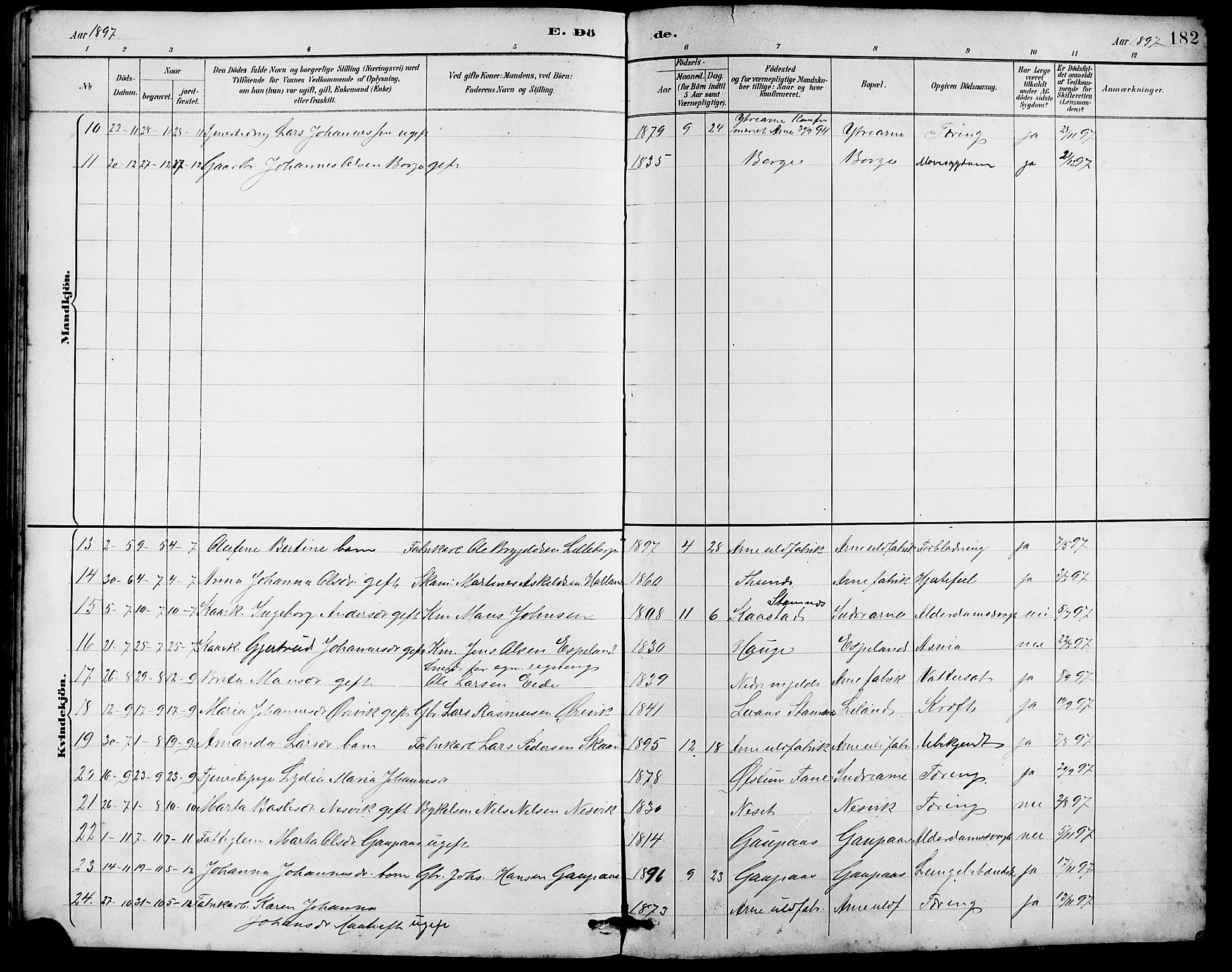 Arna Sokneprestembete, AV/SAB-A-74001/H/Ha/Hab: Parish register (copy) no. A 3, 1887-1897, p. 182