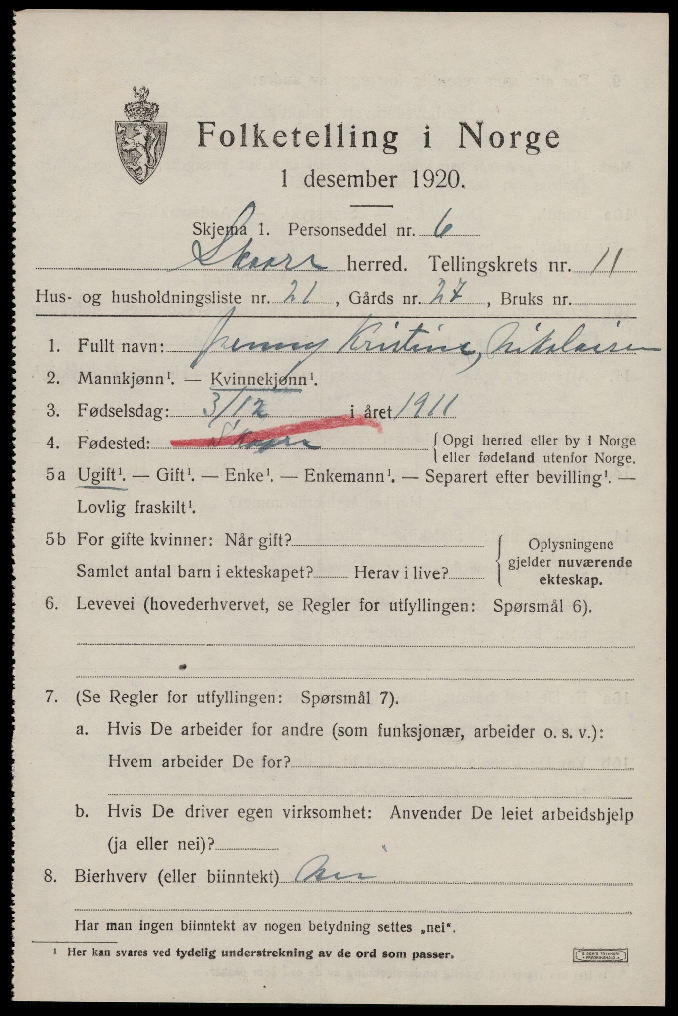 SAST, 1920 census for Skåre, 1920, p. 8474