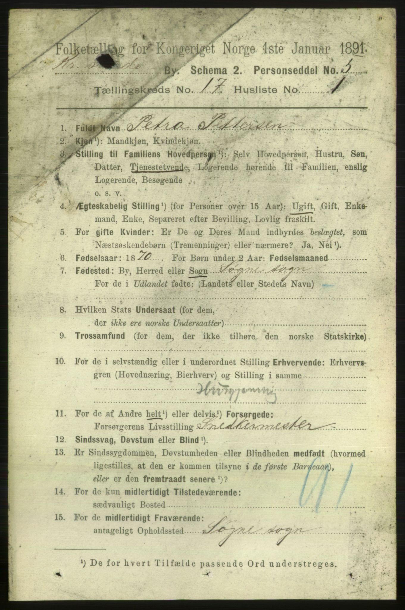 RA, 1891 census for 1001 Kristiansand, 1891, p. 6682