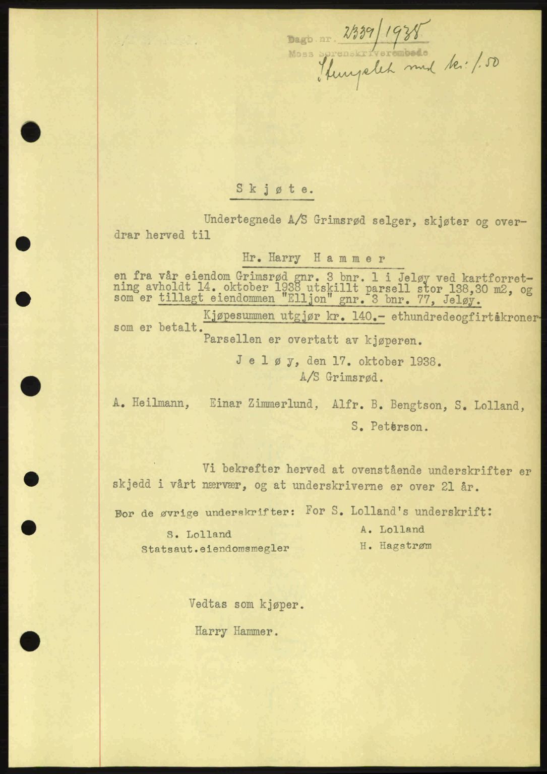 Moss sorenskriveri, SAO/A-10168: Mortgage book no. A5, 1938-1939, Diary no: : 2339/1938